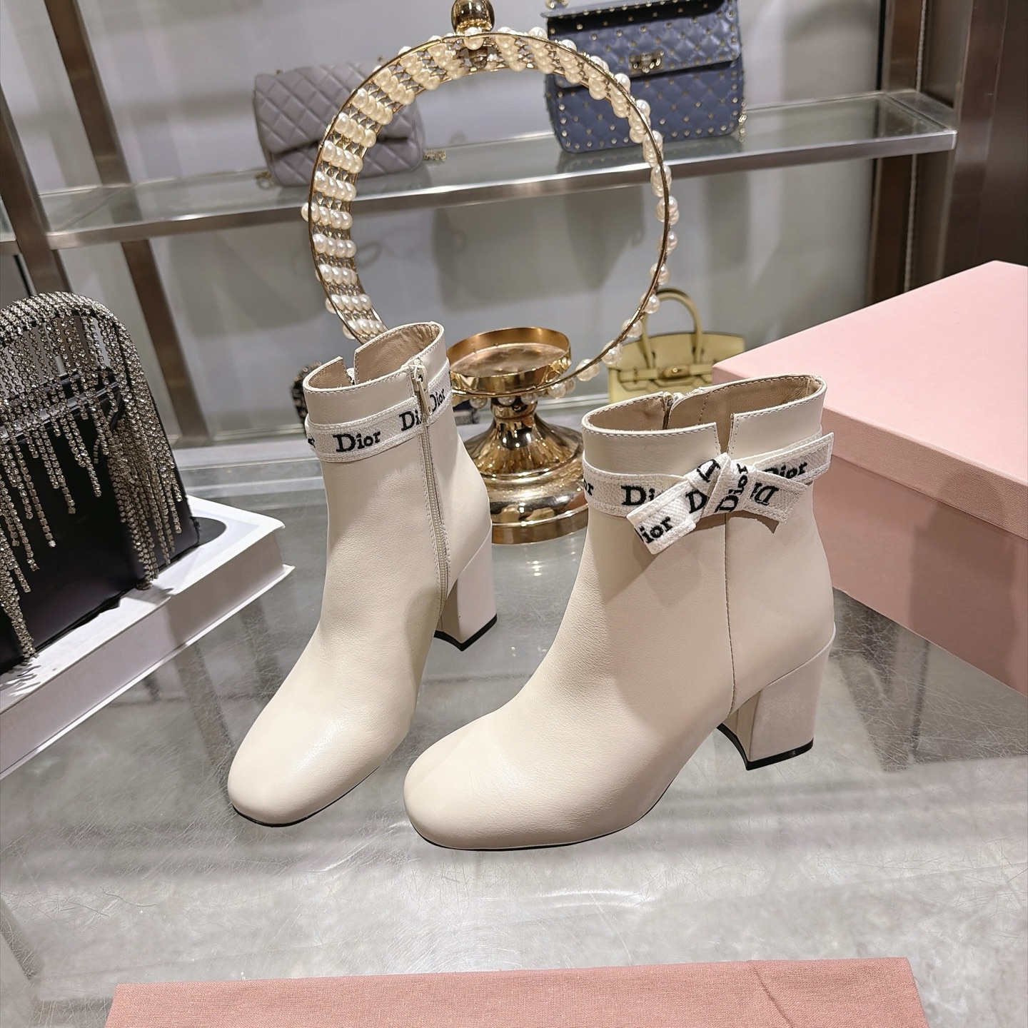 Dior Ivory Logo Ribbon Block Heel Ankle Boots