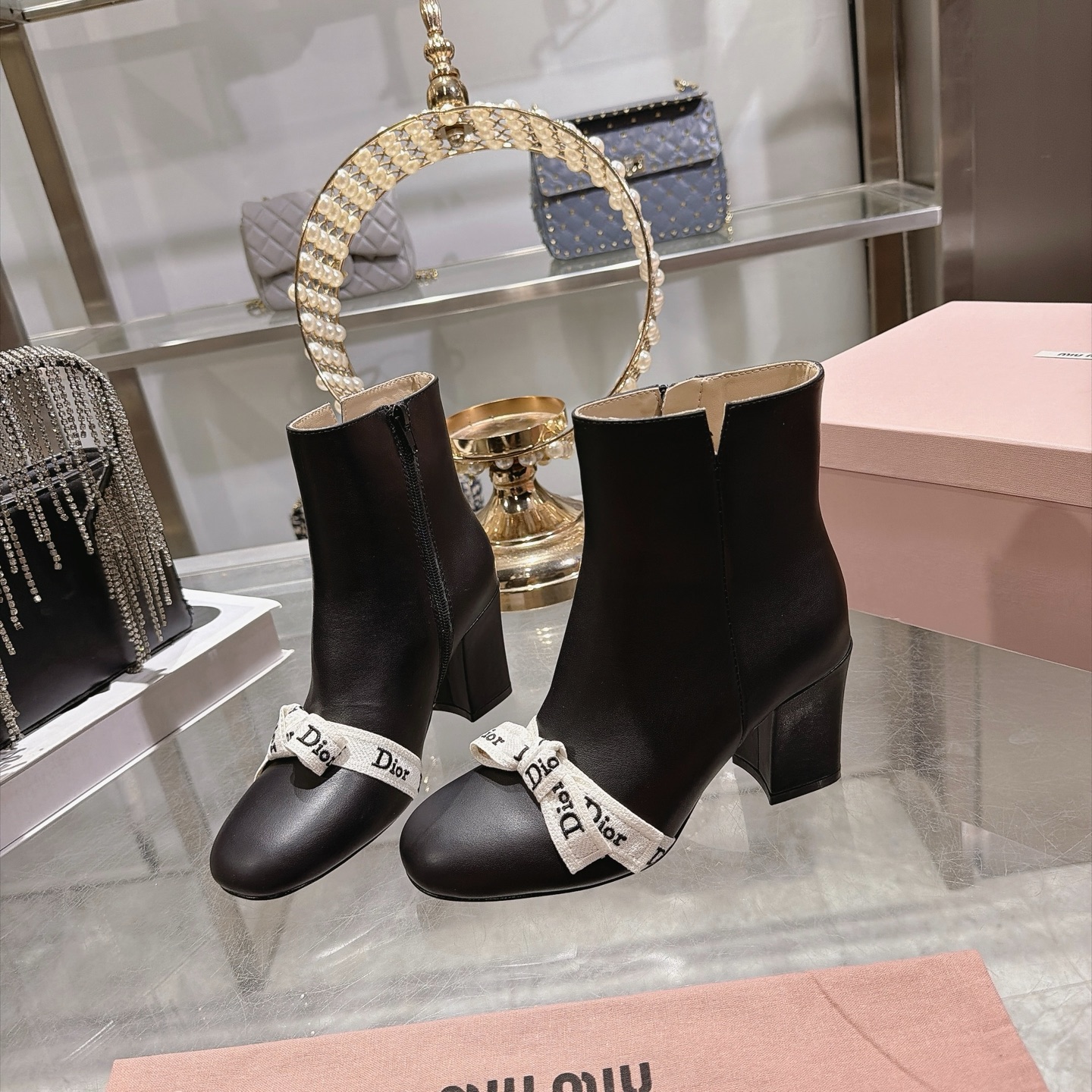 Dior Black Logo Bow Block Heel Ankle Boots