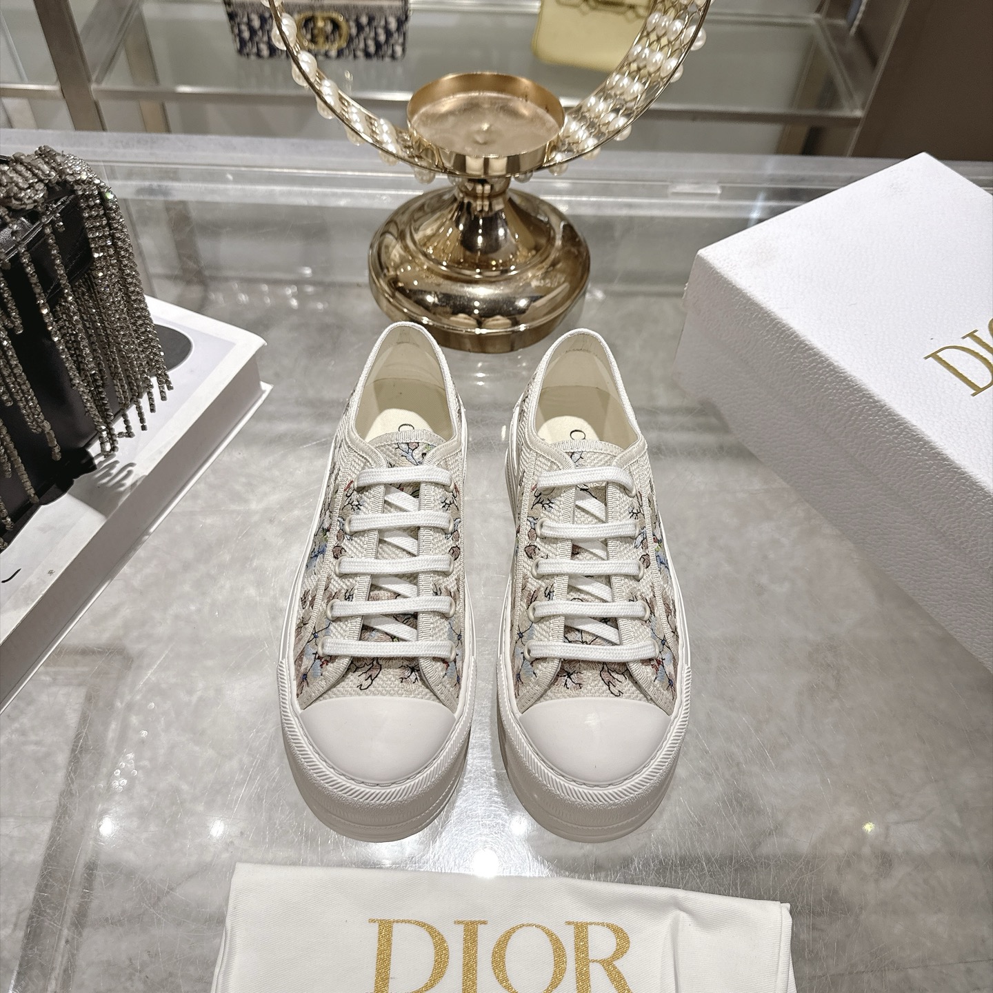 Dior White Floral Canvas Platform Sneaker