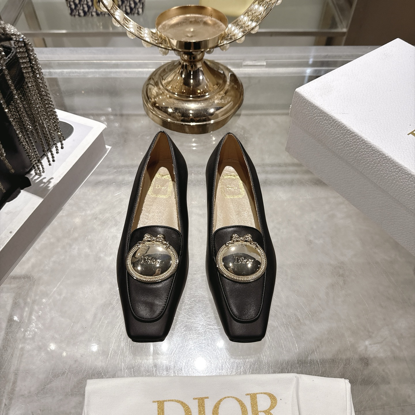 Dior Black Gold Medallion Square Toe Loafers