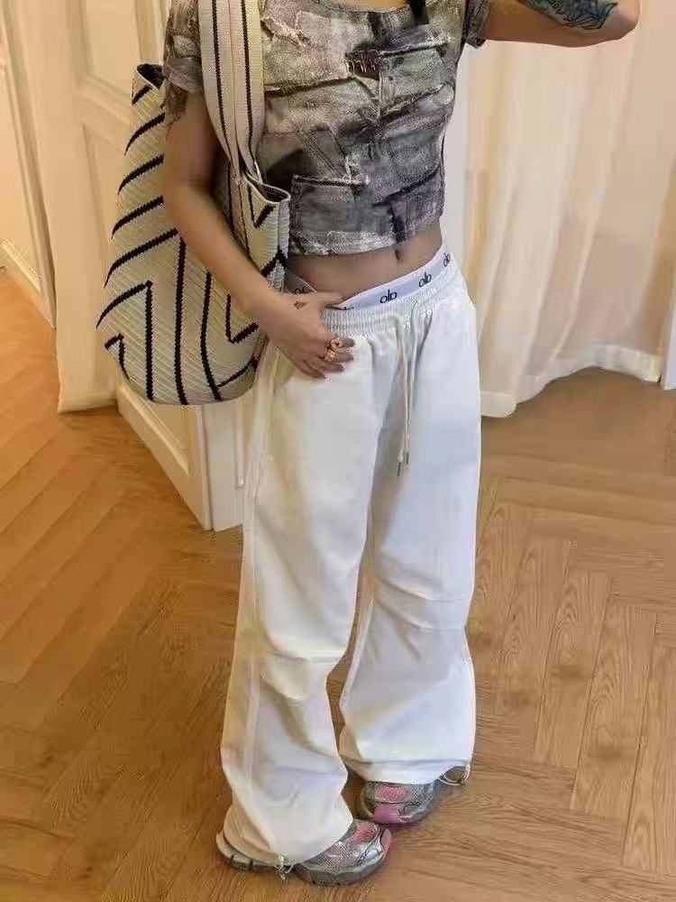 P98💰
alo2025美式复古字母提花双腰头休闲长裤宽松显瘦百搭运动裤  

款号：AL806 
码数：S M L 
颜色：白色 藏青色 黑色