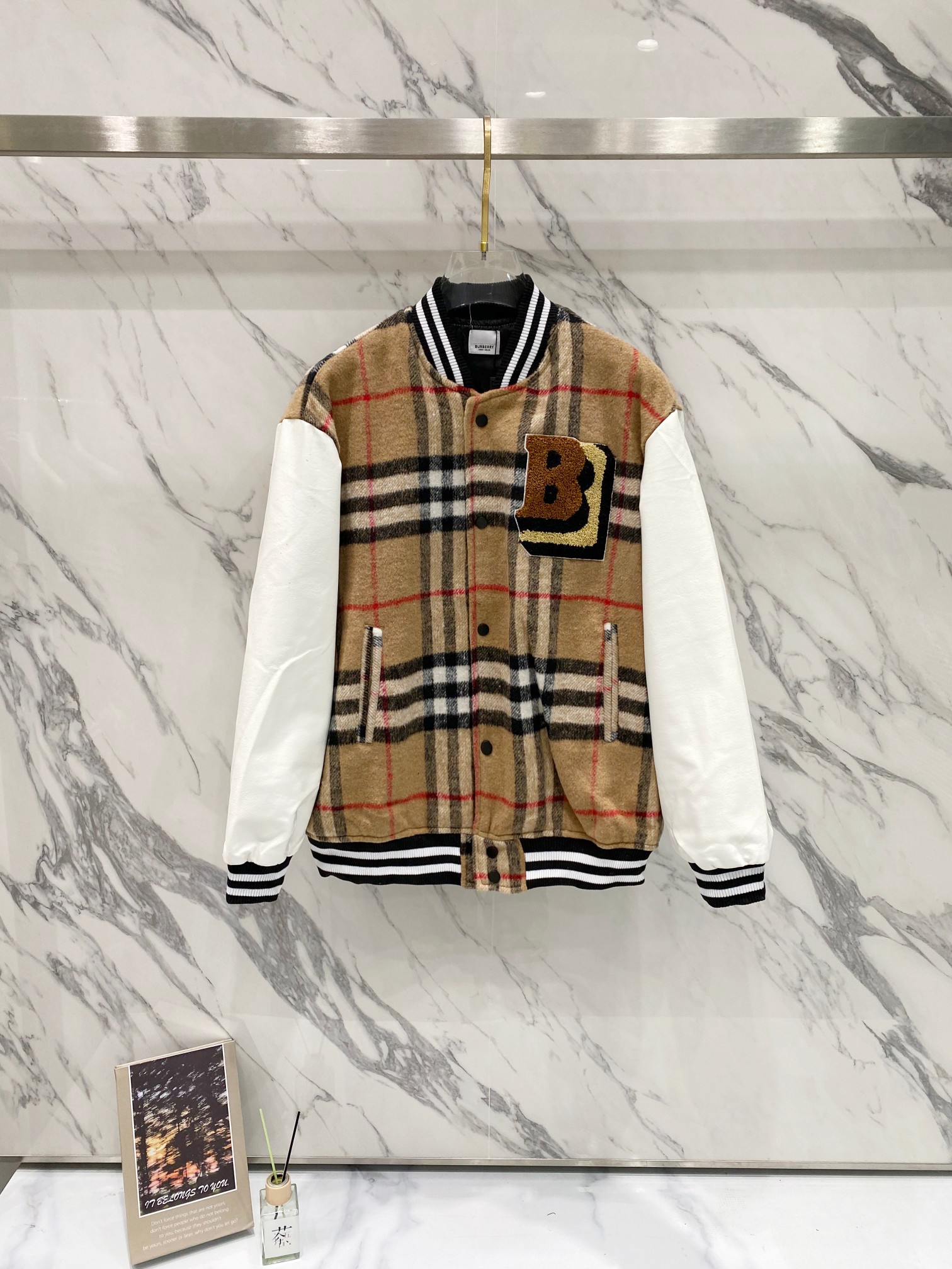 Burberry Plaid Wool-Blend Varsity Jacket with Leather Sleeves