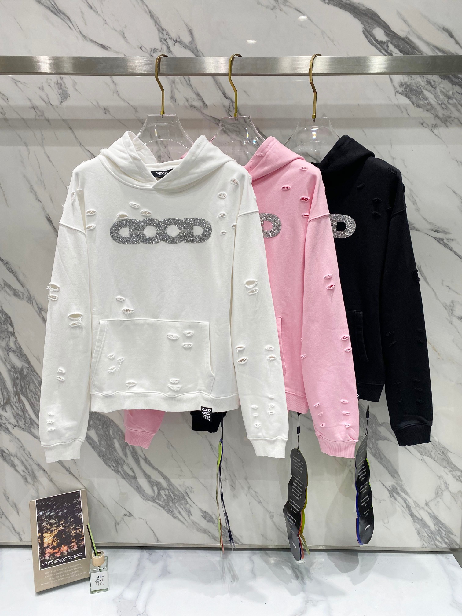 GOODBRAND Rhinestone Distressed Hoodie, Unisex Heavyweight Cotton Pullover