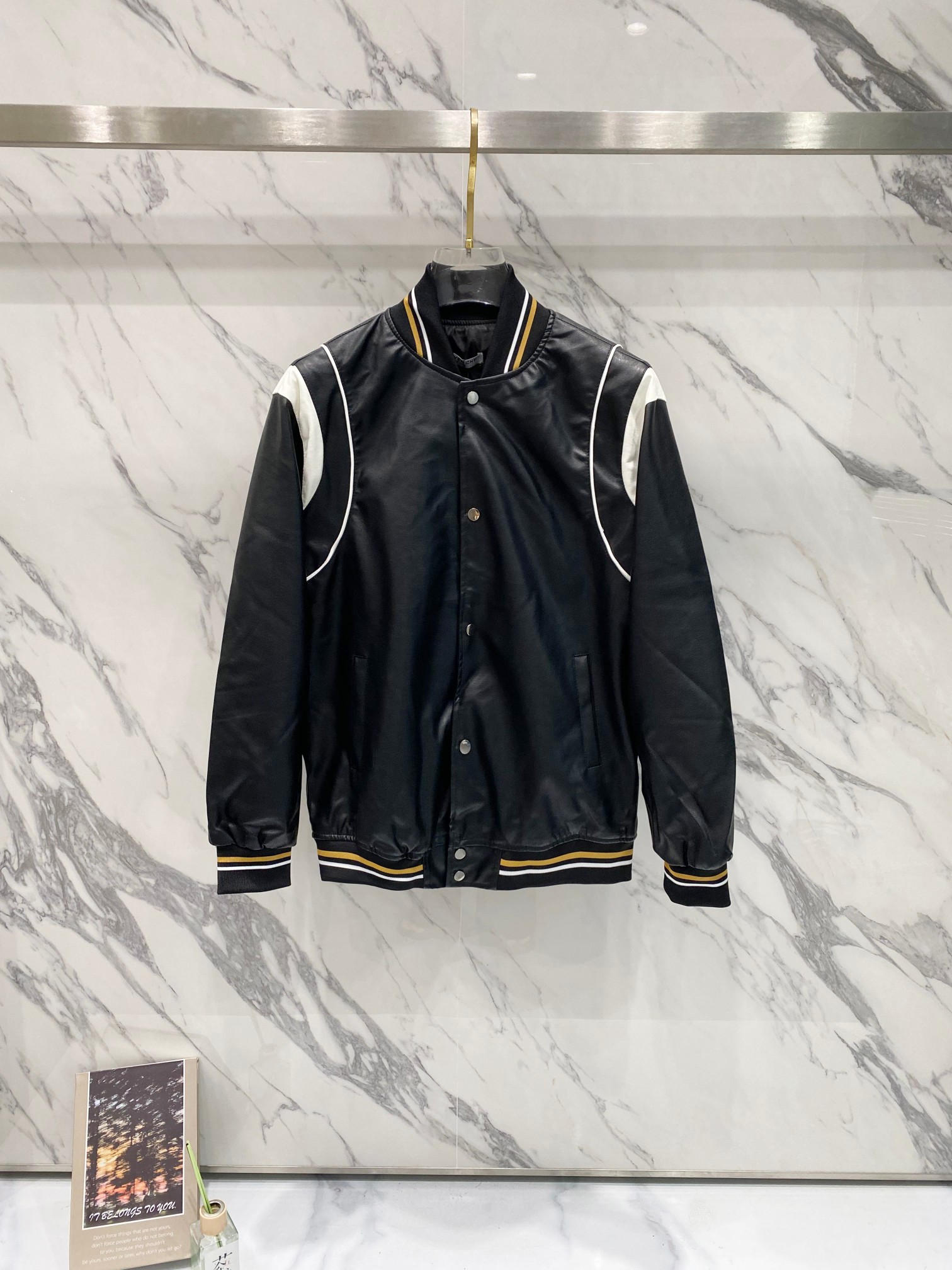 Givenchy Leather Baseball Jacket Single-Breasted Ribbed Trim, Black