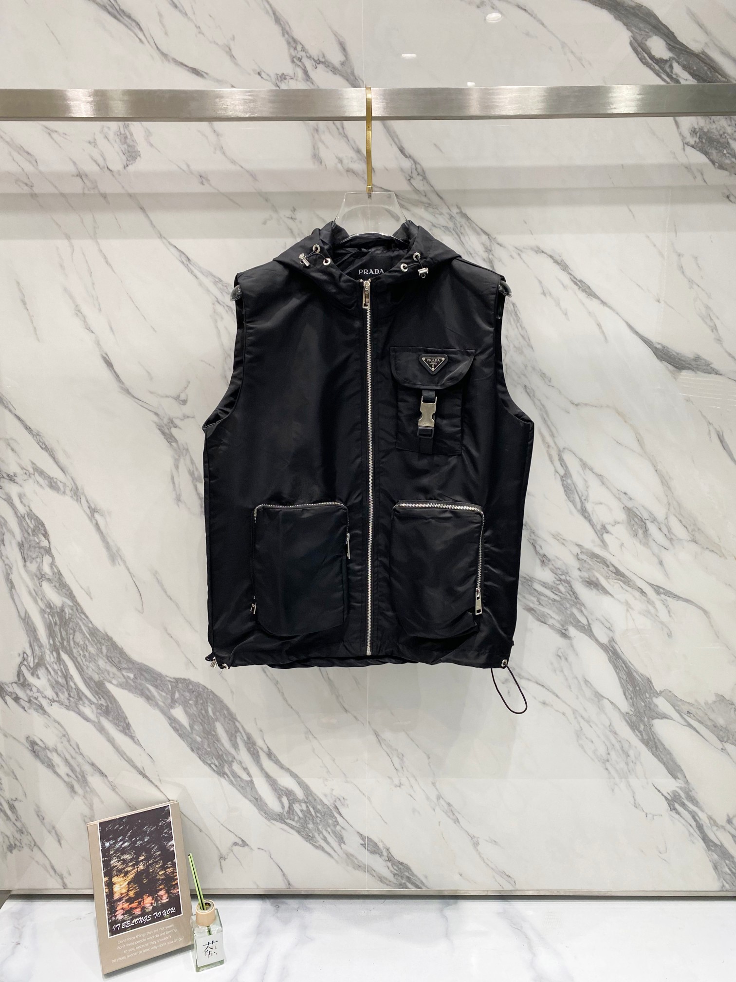 Prada Nylon Solid Color Large Pocket Zipper Hooded Sleeveless Vest