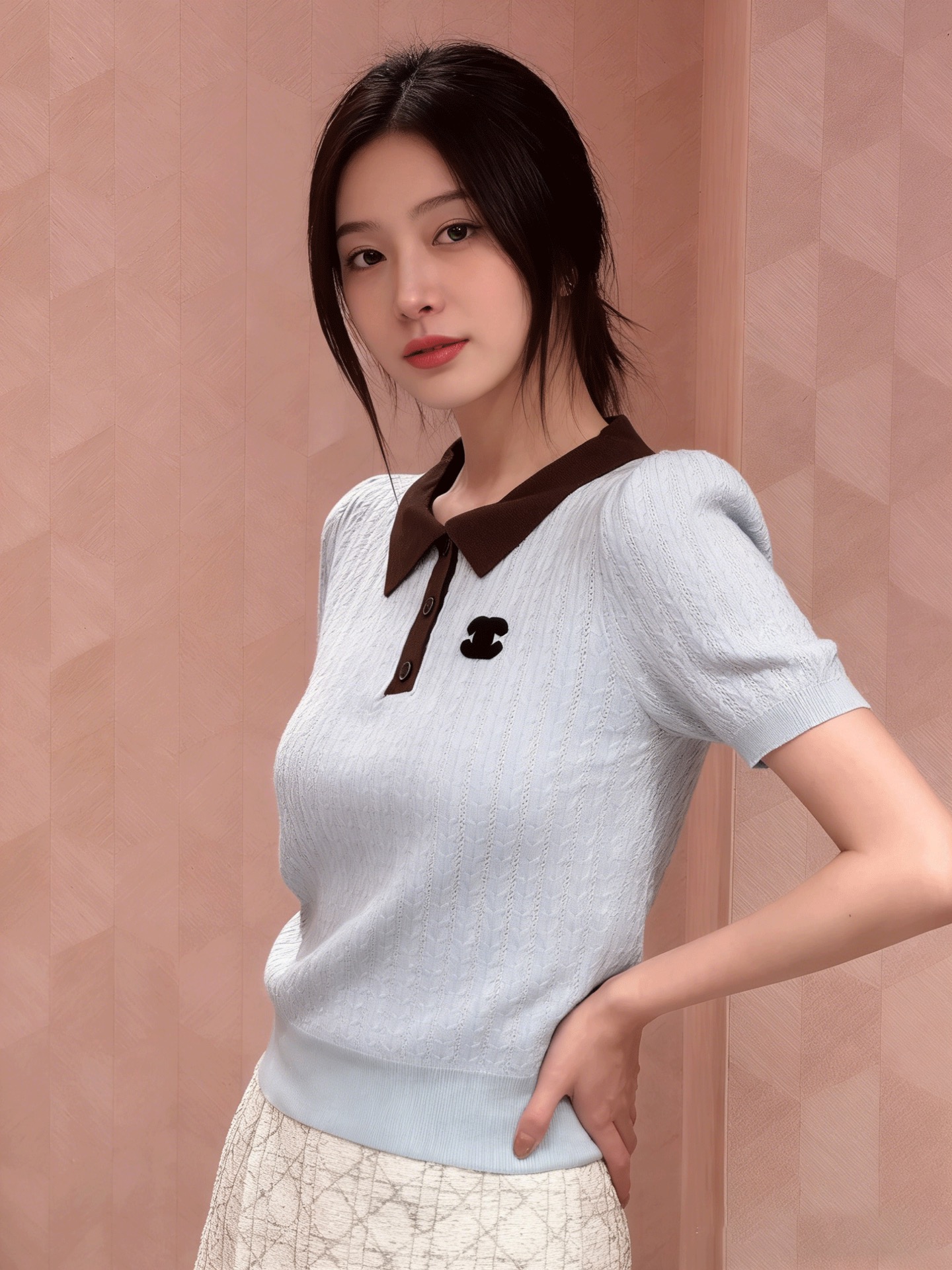 NO:797898,Cha*26 new knitted lapel short-sleeved contrasting lapel Polo shirt with hollow cable texture. Breathable and textured. Double C logo embellishment. Sophisticated and full. Refreshing and age-reducing. Can be worn for daily/commuting/dating. Available in stock in two colors 363840,, T-shirt,19860909Cha*26新款针织翻领短袖撞色翻领Polo衫镂空绞花肌理 透气有质感 双C标识点缀 精致感拉满 清爽减龄 日常/通勤/约会都能穿 现货发售两色363840,,T-shirt,,Women's clothing