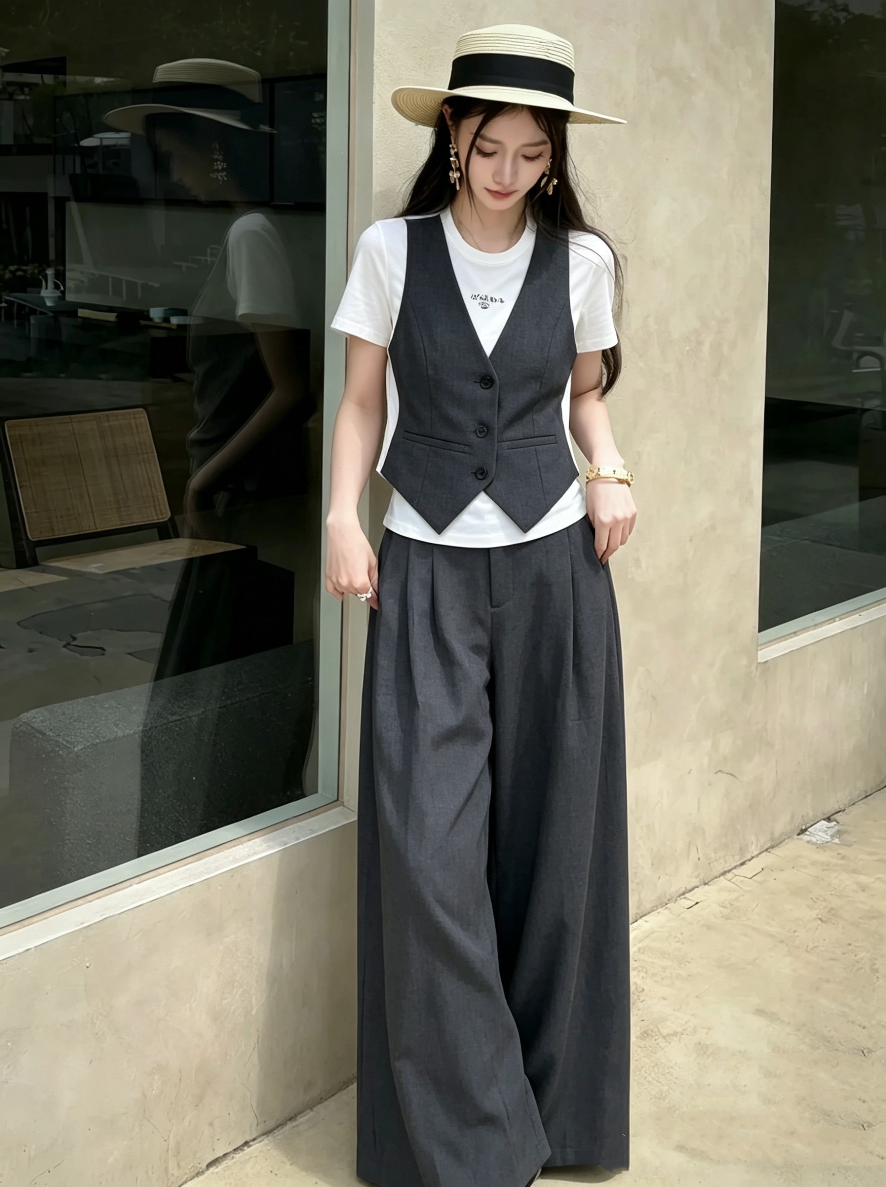 NO:807810,26ss spring and summer new Prad* fake two-piece vest splicing suit, T-shirt splicing suit fake two-piece vest + high-waisted wide-leg trousers two-piece set. The upper body is super fashionable, the trousers are tailor-made, the upper body is perfectly covered and not picky, very tolerant, professional and capable. Daily wear can be done in one set. Ready for sale SML, prada, tees, t-shirt,1986090926ss春夏新款Prad*假两件马甲拼接套装,T恤拼接西服假两件马甲+高腰阔腿长裤两件套 上身超洋气,心机剪裁裤型,上身完美遮盖不挑人,包容性特别强,职业干练 日常穿搭一套搞定 现货发售SML,,prada,tees，t-shirt,,Women's clothing