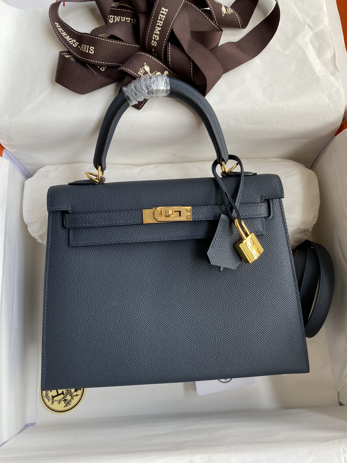 Kelly 25cm piel Epsom importada azul medianoche herrajes dorados