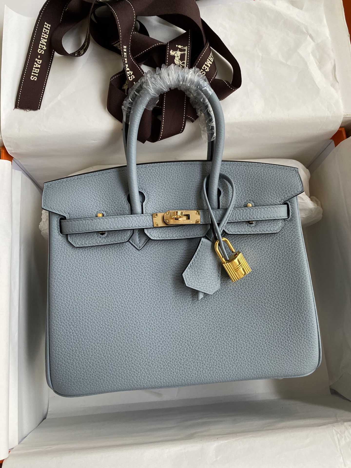 NO:699080,Half-hand birkin 25cm platinum, all steel hardware, grade A Togo leather, linen blue, gold buckle wax thread, Hermes, hermes, Hermes,19860909半手birkin 25cm 铂金 全钢五金 A级Togo皮 亚麻蓝 金扣蜡线,爱马仕,hermes,Hermes,,Bag