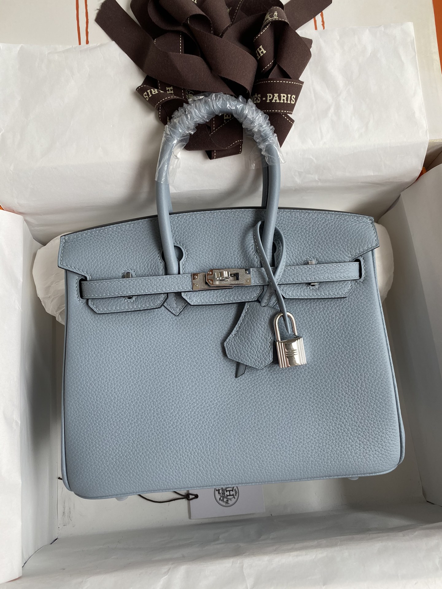 NO:699082,Half-hand birkin 25cm platinum, all steel hardware, grade A Togo leather, linen blue, silver buckle wax thread, Hermes, hermes, Hermes,19860909半手birkin 25cm 铂金 全钢五金 A级Togo皮 亚麻蓝 银扣蜡线,爱马仕,hermes,Hermes,,Bag