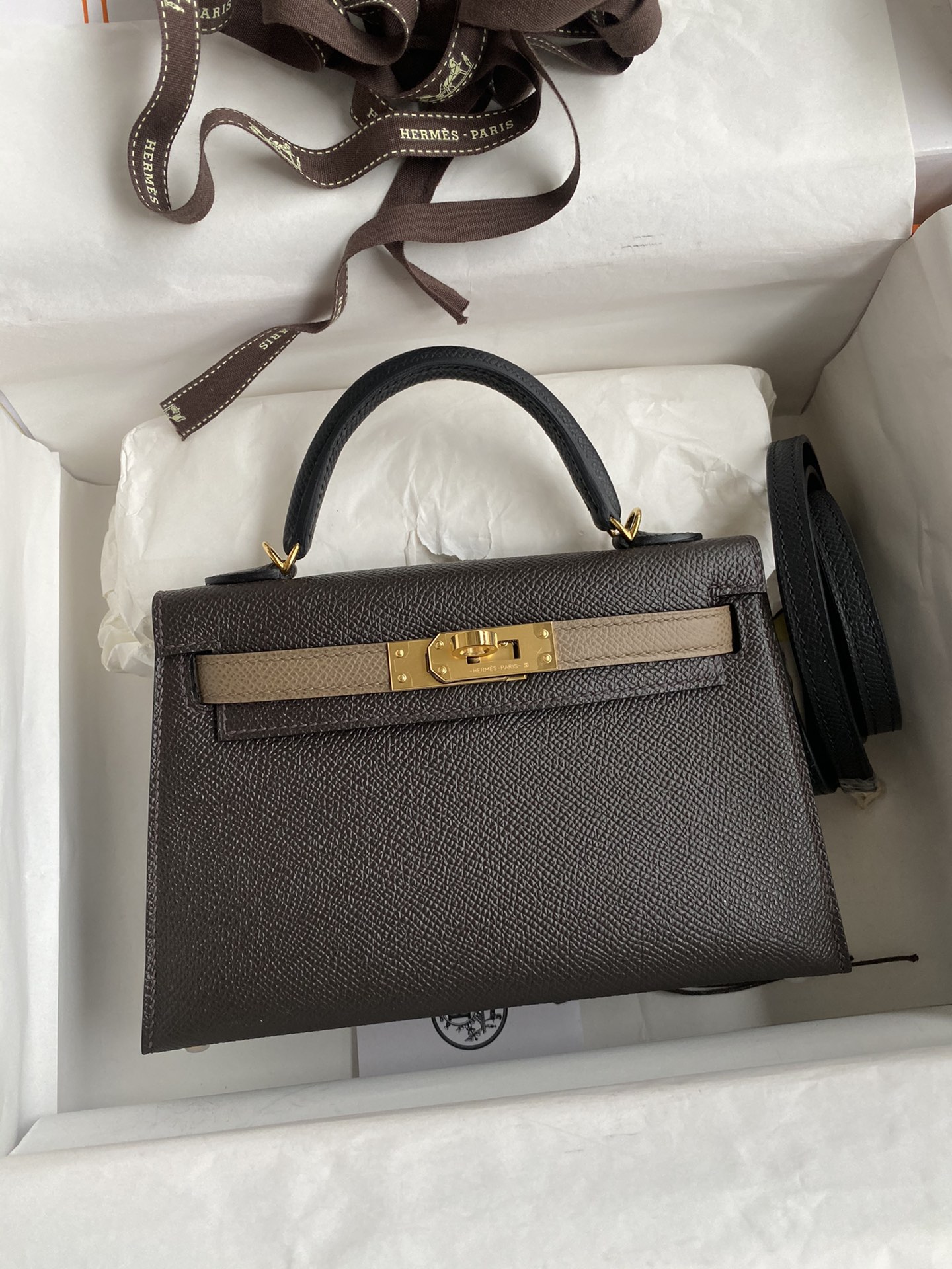 Loja de réplica por atacado
 Hermes Kelly Bolsas Sacos de corpo cruzado & Ombro Preto Elephant Grey Cinzento Hardware Dourado Epsom Mini