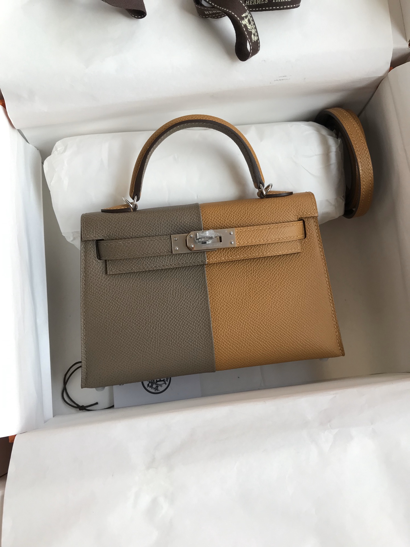 Hermes Kelly Bolsas Sacos de corpo cruzado & Ombro Azul Elephant Grey Cinzento Hardware Prata Epsom Mini