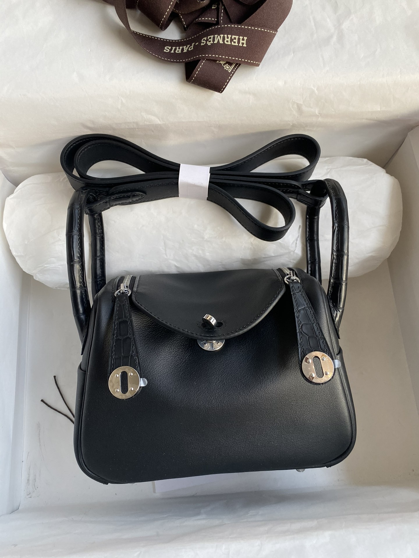Mini Lindy 19cm Touch Black Swift Leather and Crocodile Skin with Silver Hardware