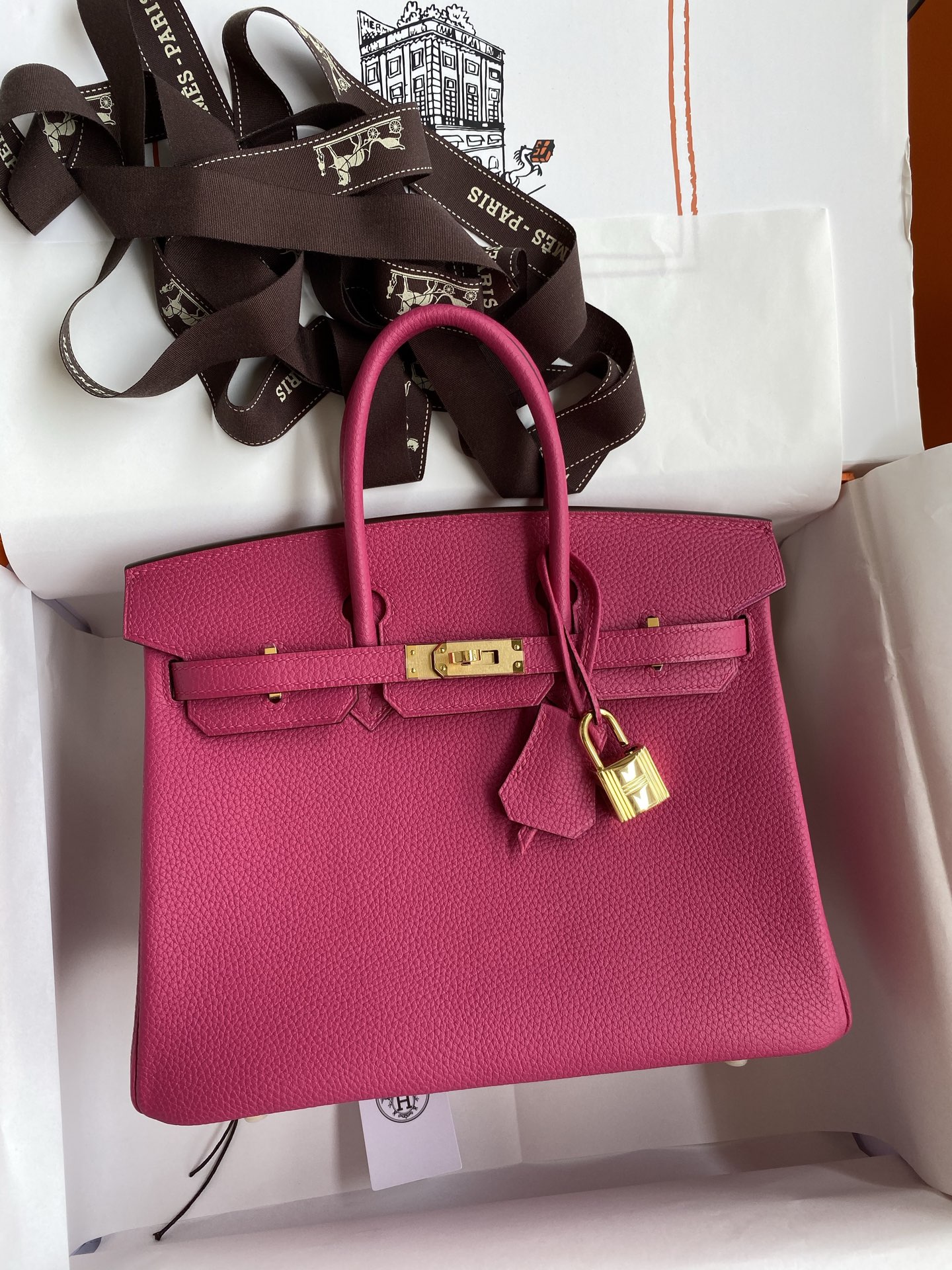 Cosido a mano👉Birkin 25cm piel Togo importada rosa frambuesa herrajes dorados