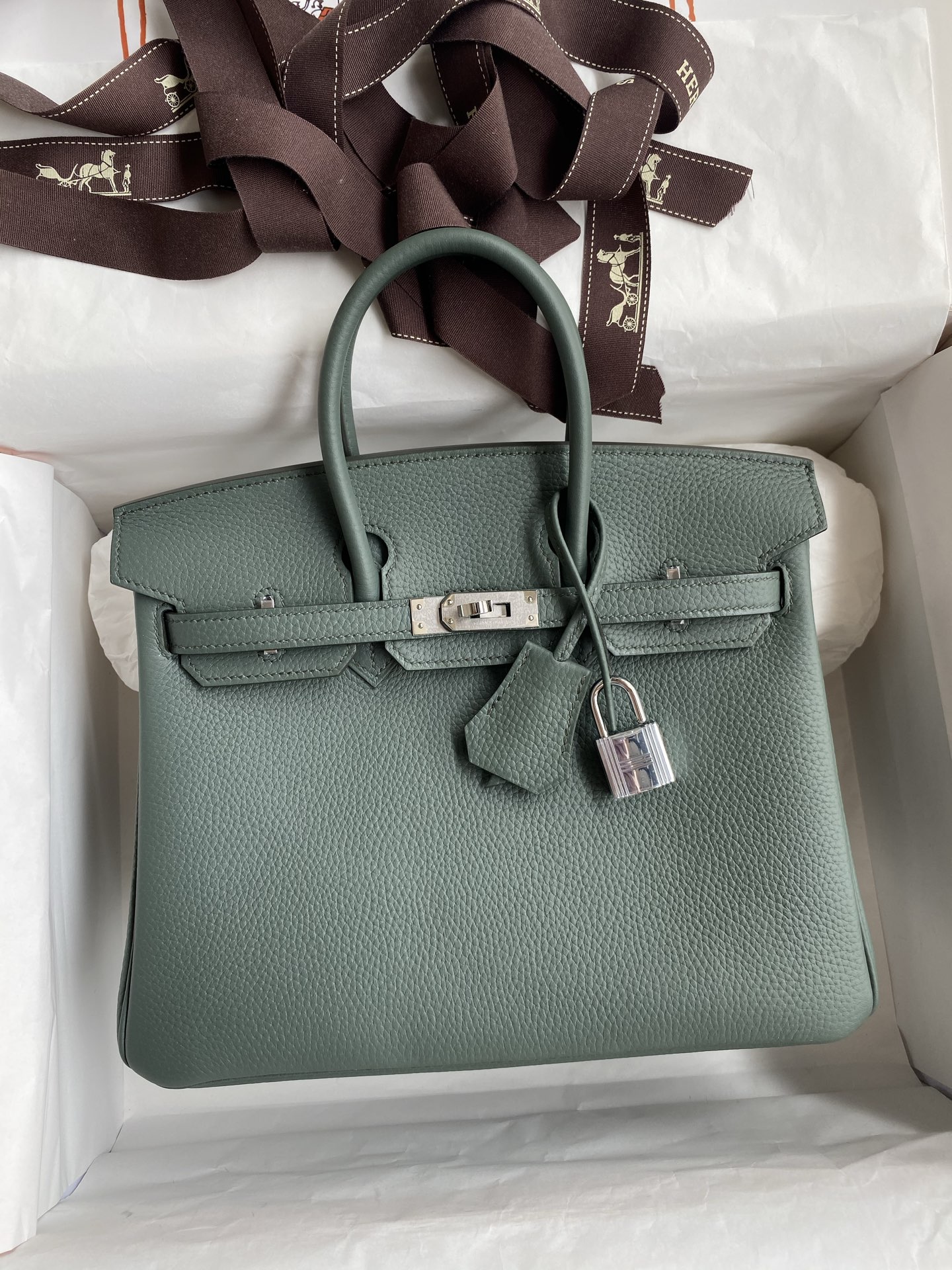 Cosido a mano👉Birkin 25cm piel Togo importada verde almendra herrajes plateados