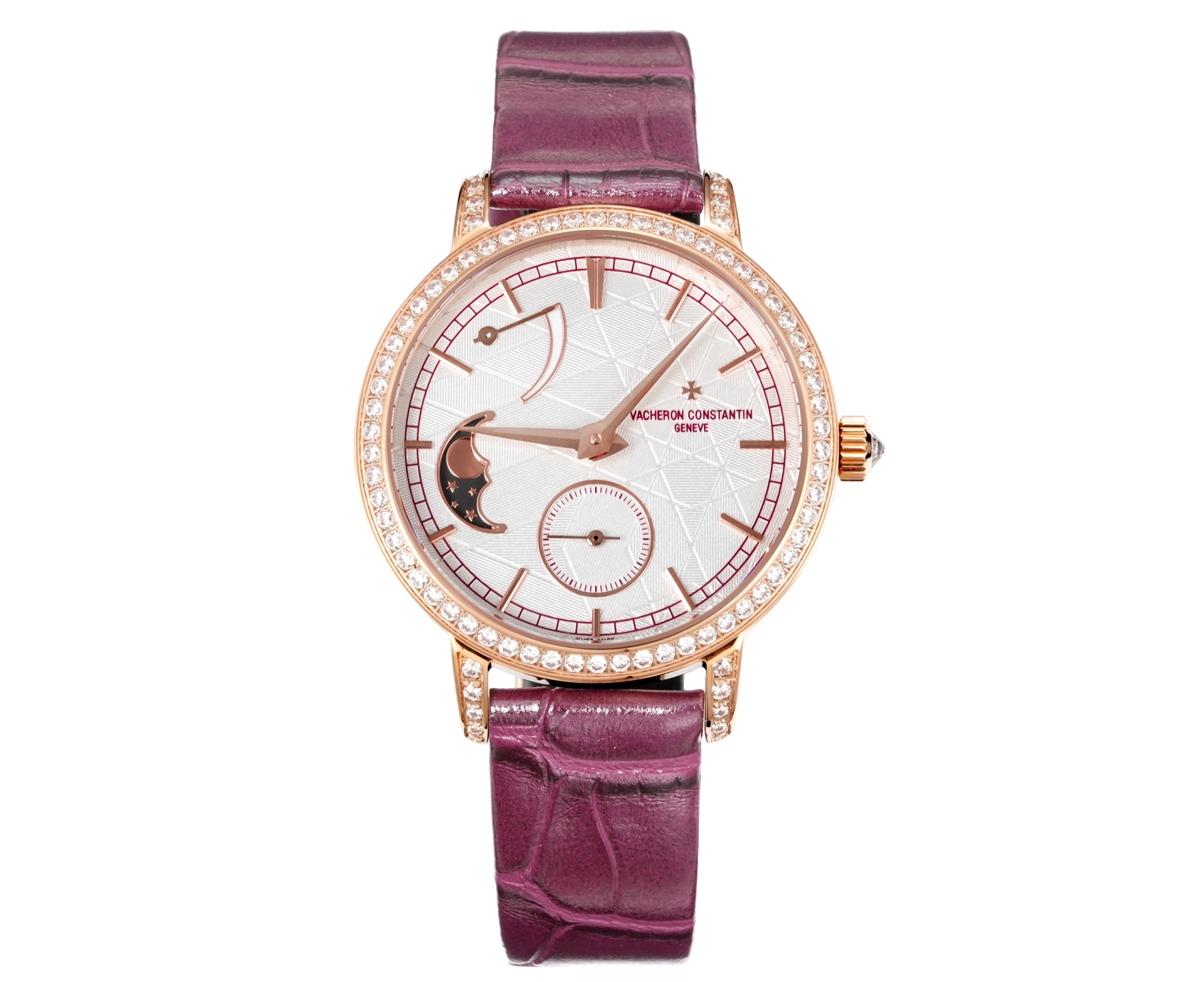 NO:338063,White gold Vacheron Constantin series moon phase watches are matched with a diameter of 36 mm round white gold case, the bezel, lugs and crown are inlaid with 81 diamonds with a total weight of about 1.2 carats. The white mother-of-pearl dial is equipped with the most poetic moon phase display function among all the complex functions of the high-end watch. The watch is equipped with a movement independently developed and manufactured by Vacheron Constantin, and its power reserve is about 72 hours, which can provide sufficient power for the hour, minute, small seconds hand and moon phase display function. The watch is also equipped with a low-key and elegant Italian calf belt. The elegant and gentle design is the best choice for daily matching.,,vacheron,cowhide19860909白 金 江诗丹顿传袭系列月相腕表搭配直径36毫米 圆形白金表壳,表圈、表耳和表冠镶嵌了总重约1.2克拉的81颗美钻  白色珍珠贝母表盘之上配备了高级腕表所有复杂功能当中最富诗意的月相盈亏显示功能.  腕表搭载由江诗丹顿自主研发并制造的机芯,动力储存约72小时,可为小时、分钟、小秒针及月相盈亏显示功能提供充足动力.   腕表还搭配了低调优雅的意大利小牛皮带优雅柔媚的设计是日常搭配的上佳之选.,,vacheron,cowhide,Watch