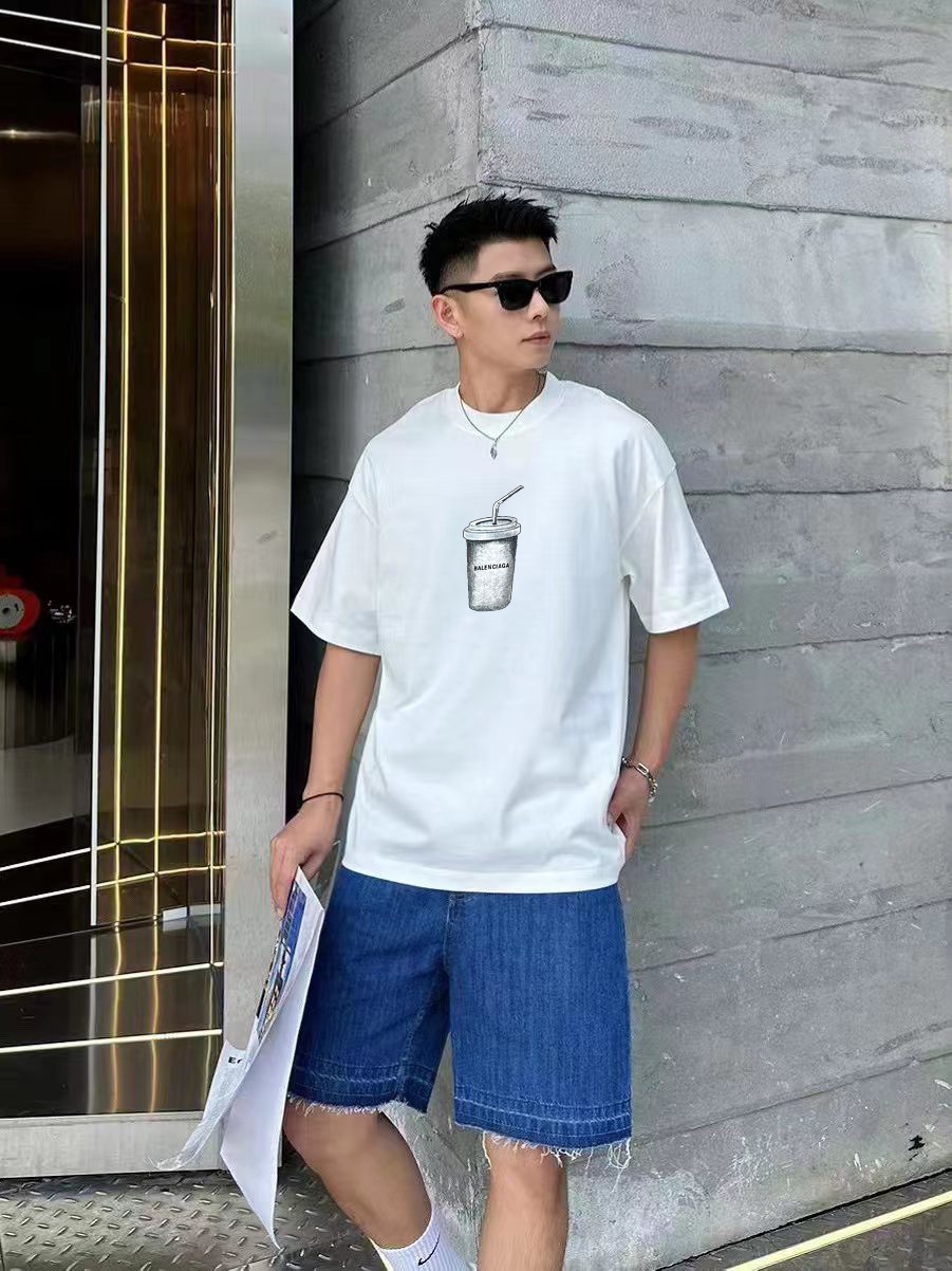 Balenciaga Clothing T-Shirt Online From China Black White Printing Cotton Short Sleeve