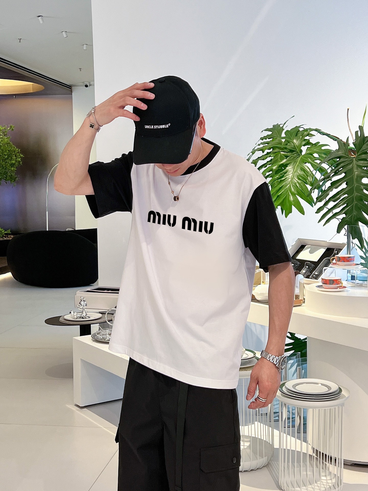 MiuMiu Clothing T-Shirt Black White Printing Cotton Short Sleeve