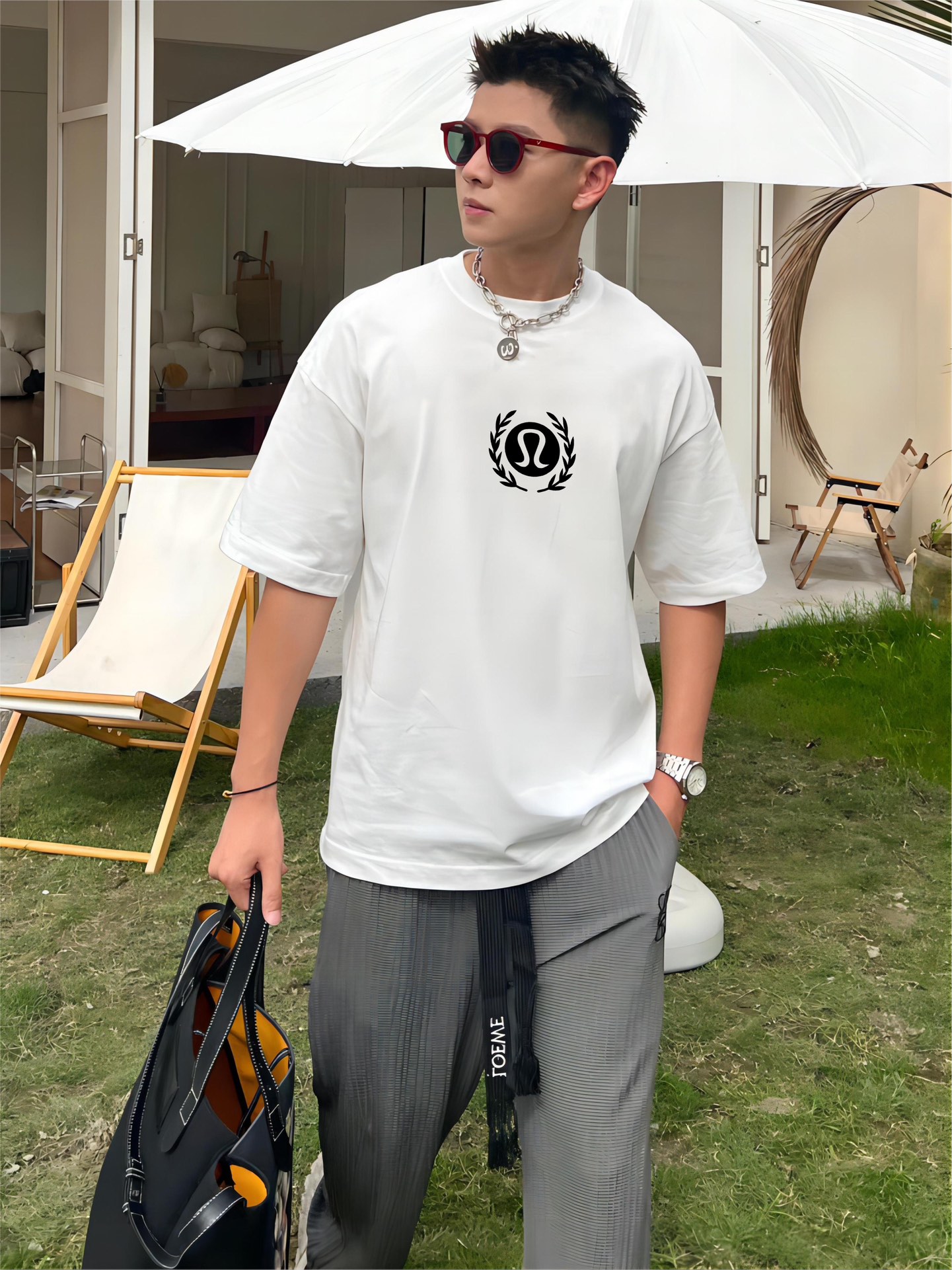 “230g Cotton Fabric Shirt in Black and White, Sizes M-3XL with Brass Details” - 图片 2