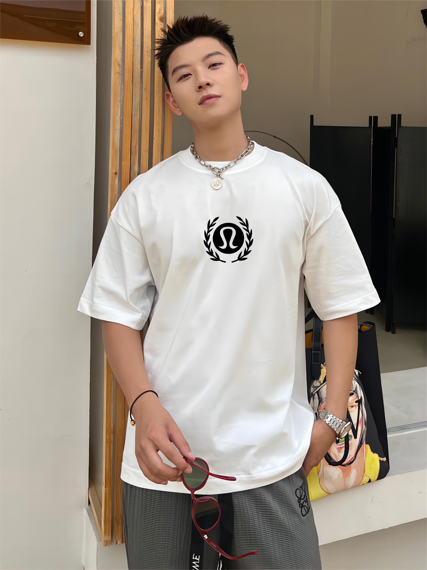 “230g Cotton Fabric Shirt in Black and White, Sizes M-3XL with Brass Details” - 图片 1