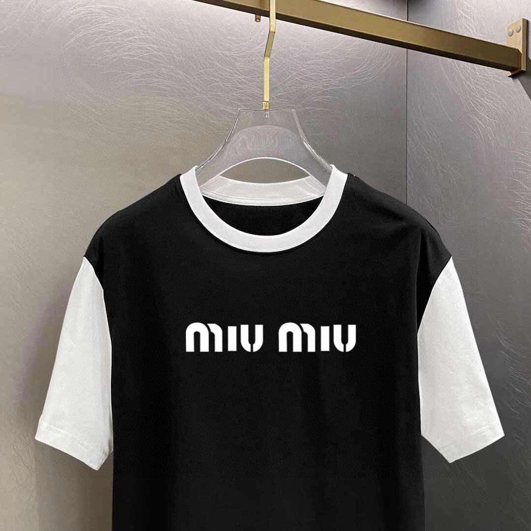         MIU MIU 拼接新款字母印花双层重工短袖T桖 字母图案不管是T
