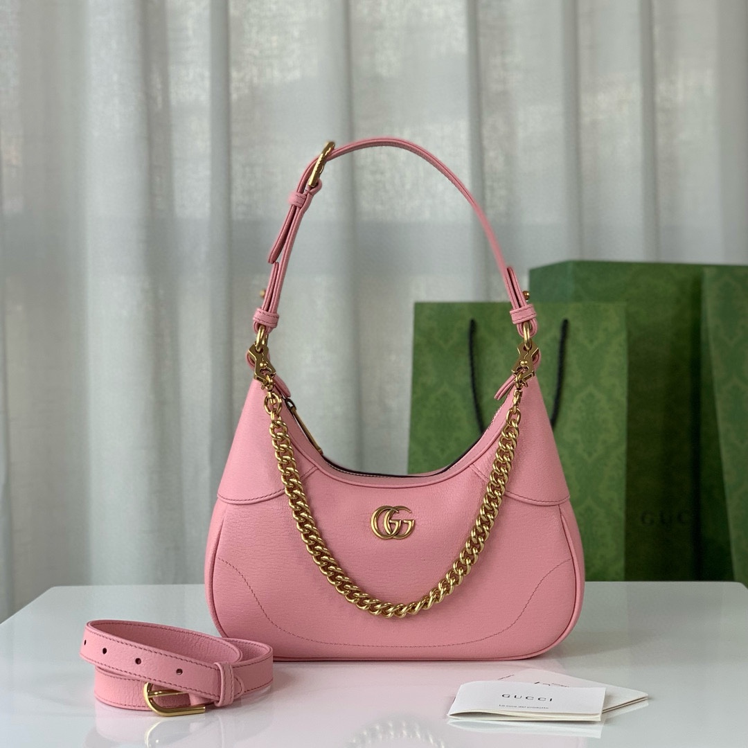 NO:204799,Genuine grade Aphrodite series small crescent-shaped shoulder bag, pink original goatskin with gold tones, adjustable leather shoulder straps and removable chain straps, model number 731817 pink leather, size 25X19X7~[rose][rose], GUCCI [original leather], gucci, backpacks, sheepskin19860909正品级 Aphrodite系列小号新月造型肩背包,粉色原厂山羊皮搭配金色调配件,可调节皮肩带和可拆卸链带,款号731817粉皮,尺寸25X19X7～[玫瑰][玫瑰],GUCCI【原厂皮】,gucci,backpacks,sheepskin,Bag