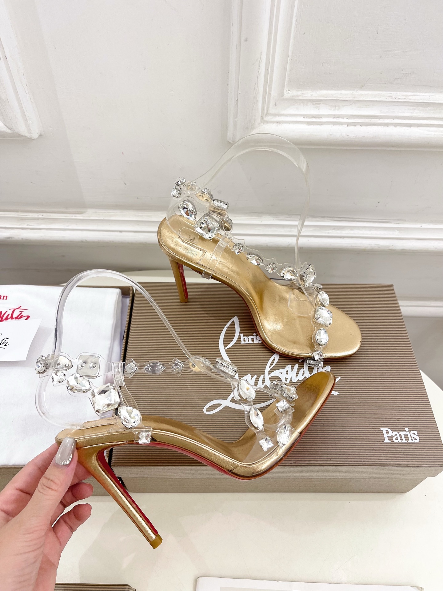 Christian Louboutin路铂廷CL 红底鞋 25ss最新JUST JEWEL透明带水晶钻高