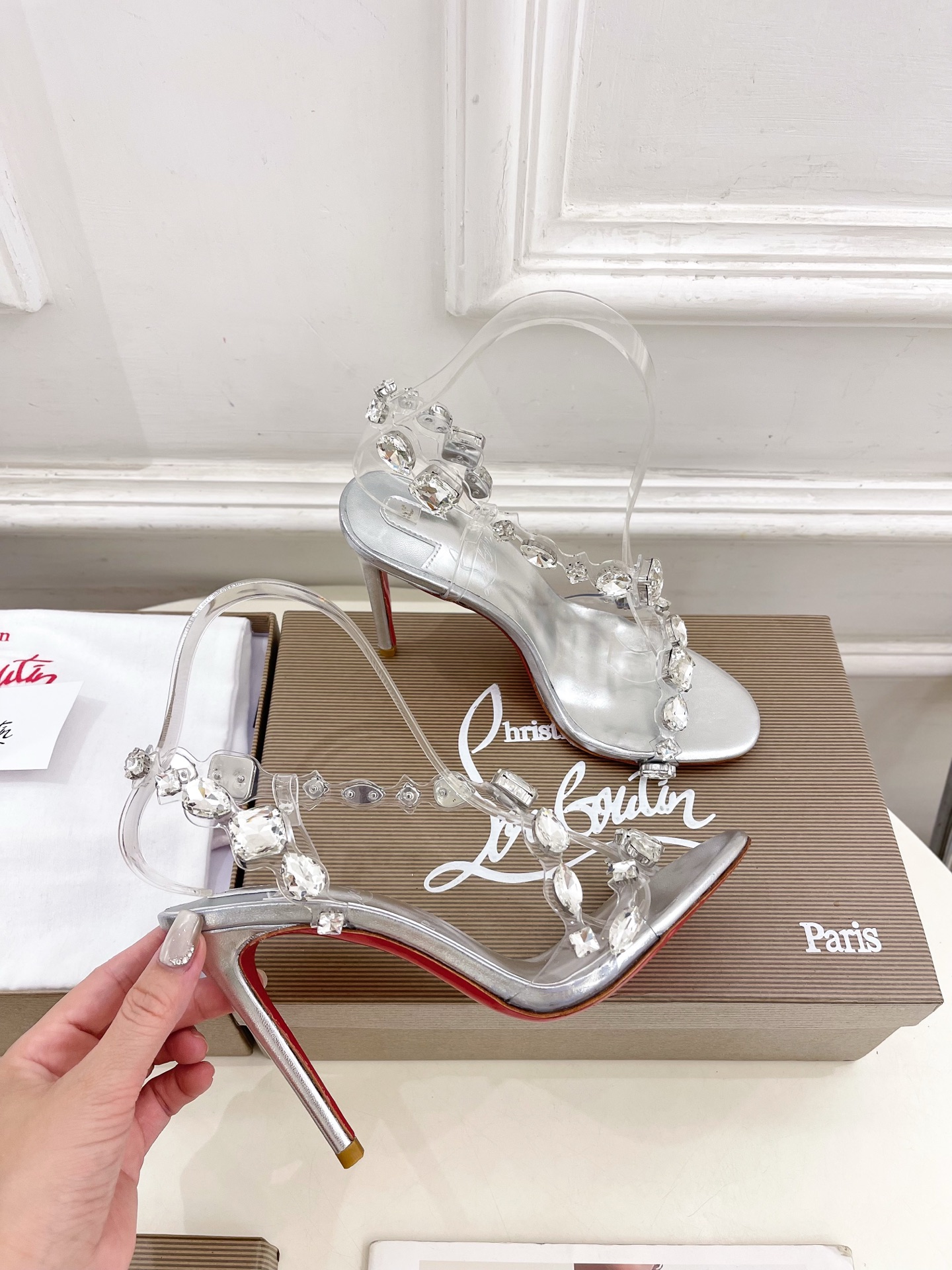 Christian Louboutin路铂廷CL 红底鞋 25ss最新JUST JEWEL透明带水晶钻高