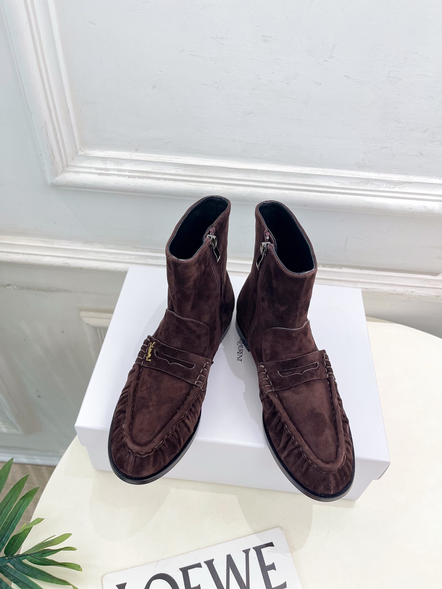 Yves Saint Laurent Brown Suede Loafer Ankle Boots with Gold Hardware 3 i1760729443997 786 0 0