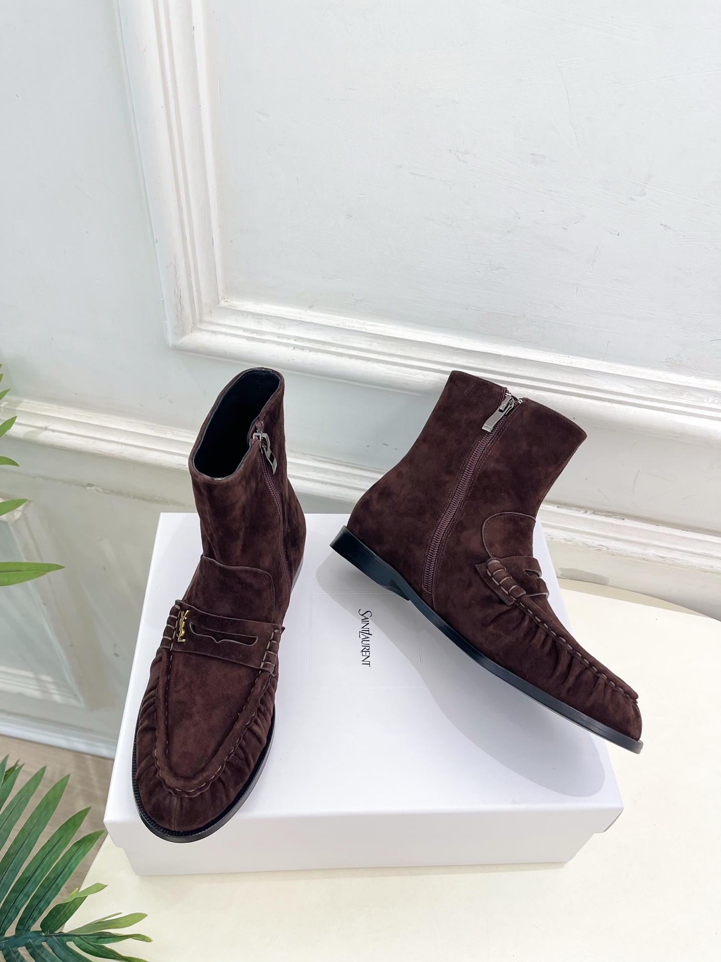 Yves Saint Laurent Brown Suede Loafer Ankle Boots with Gold Hardware 6 i1760729444388 5883 0 4