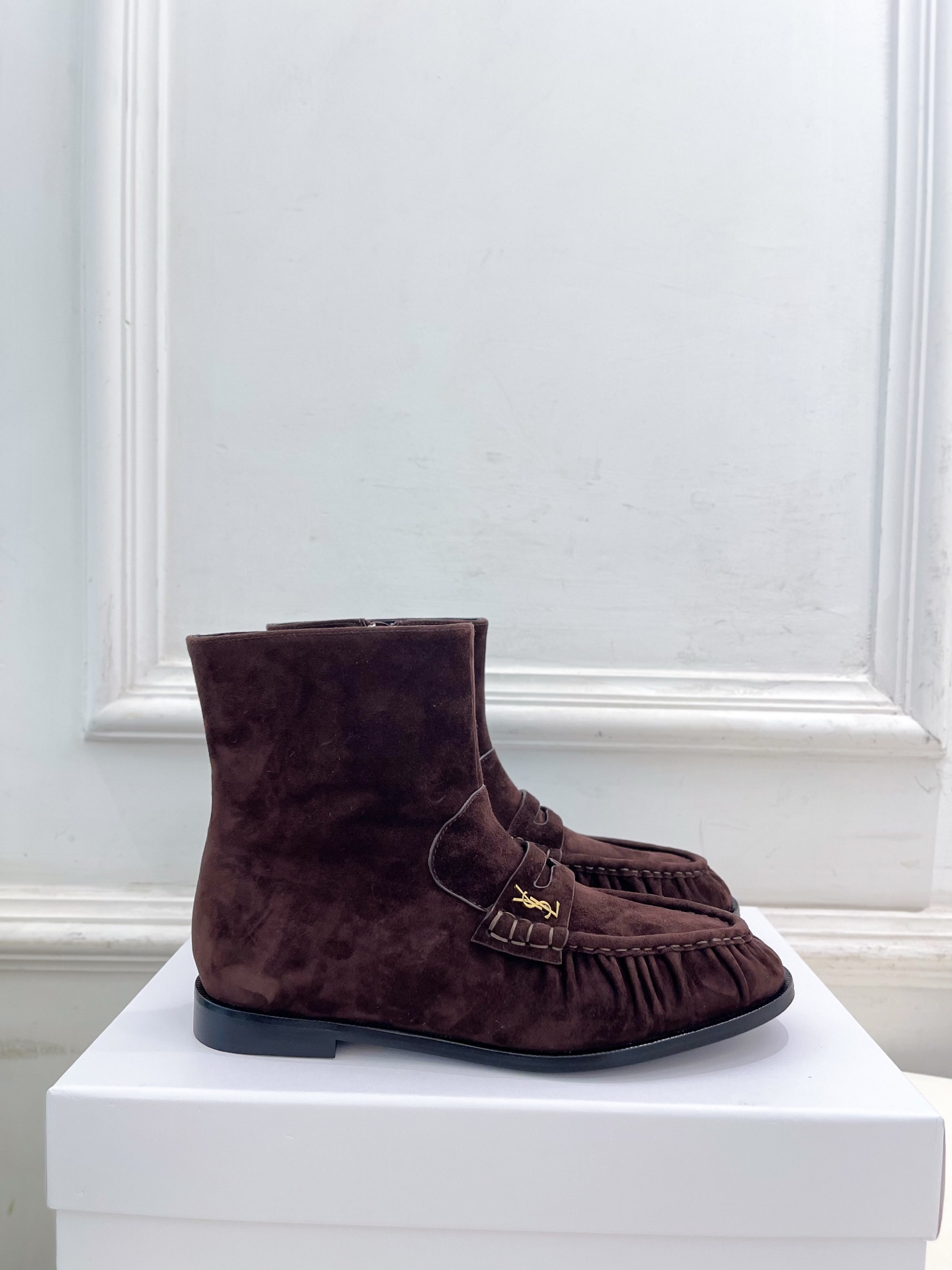 Yves Saint Laurent Brown Suede Loafer Ankle Boots with Gold Hardware 4 i1760729445963 5565 0 1