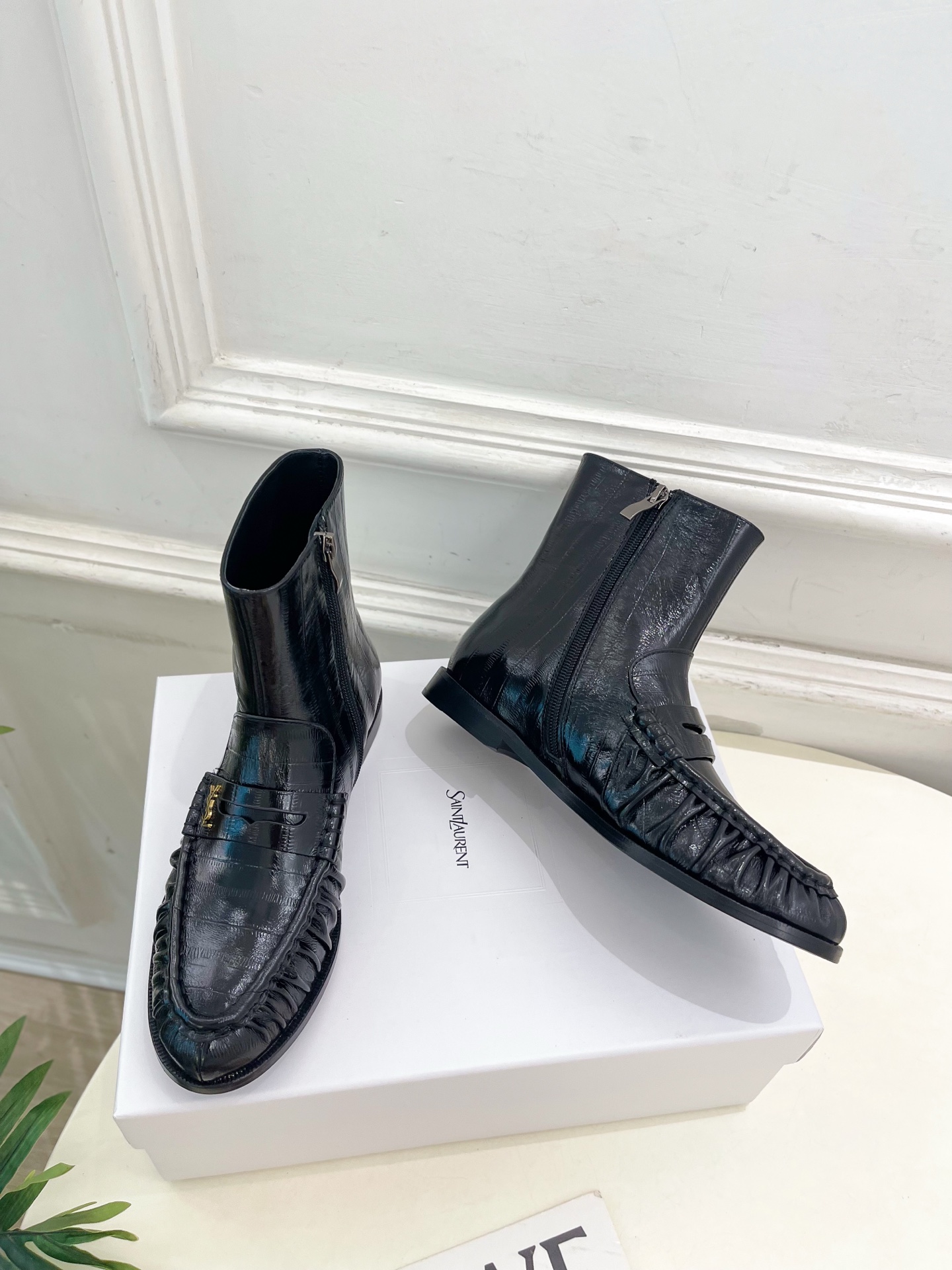 Yves Saint Laurent Wrinkled Loafer Boots - Black Leather Ankle Boots 6 i1760729528946 7951 0 4