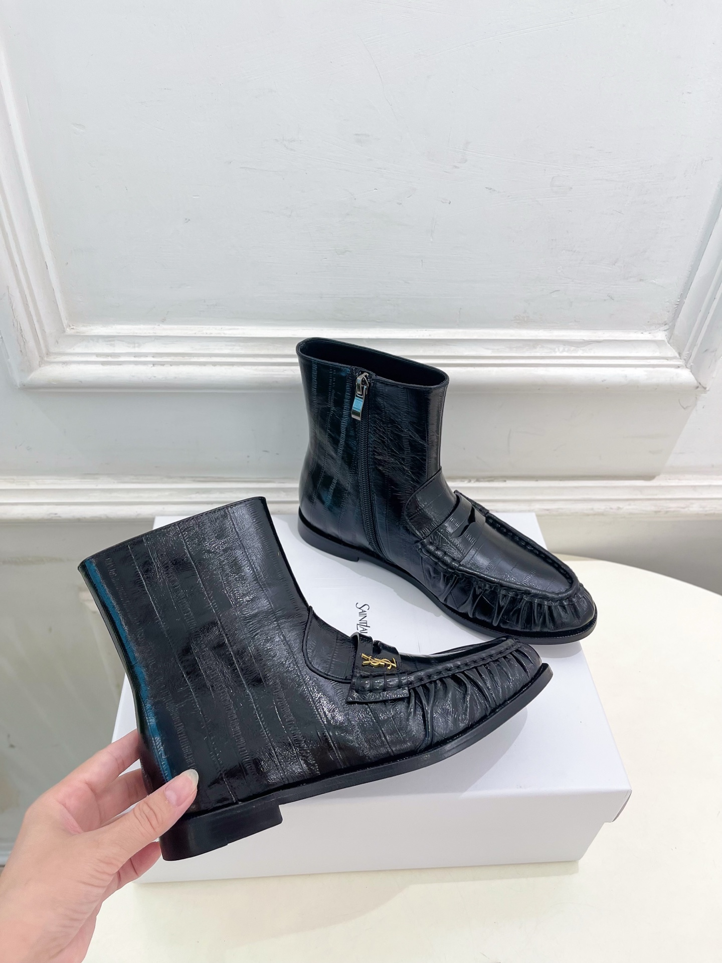 Yves Saint Laurent Wrinkled Loafer Boots - Black Leather Ankle Boots