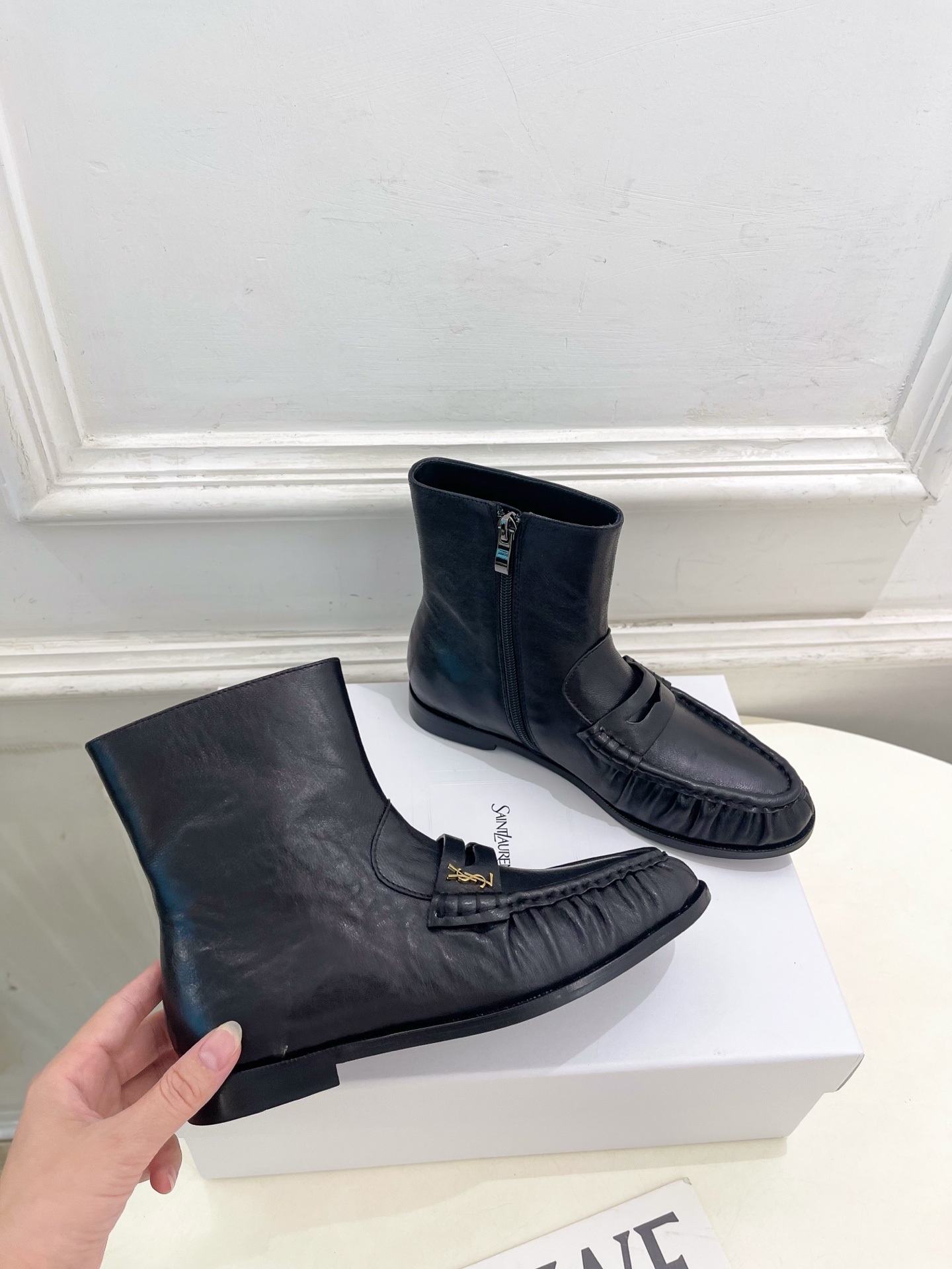 Yves Saint Laurent Wrinkled Loafer Black Boots, Minimalist Style