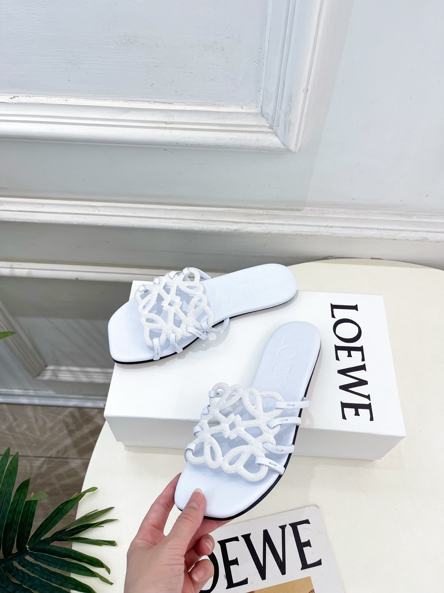 LOEWE 罗意威 2026春夏新品  Petal Anagram镂空水钻小猫跟拖鞋—————————L
