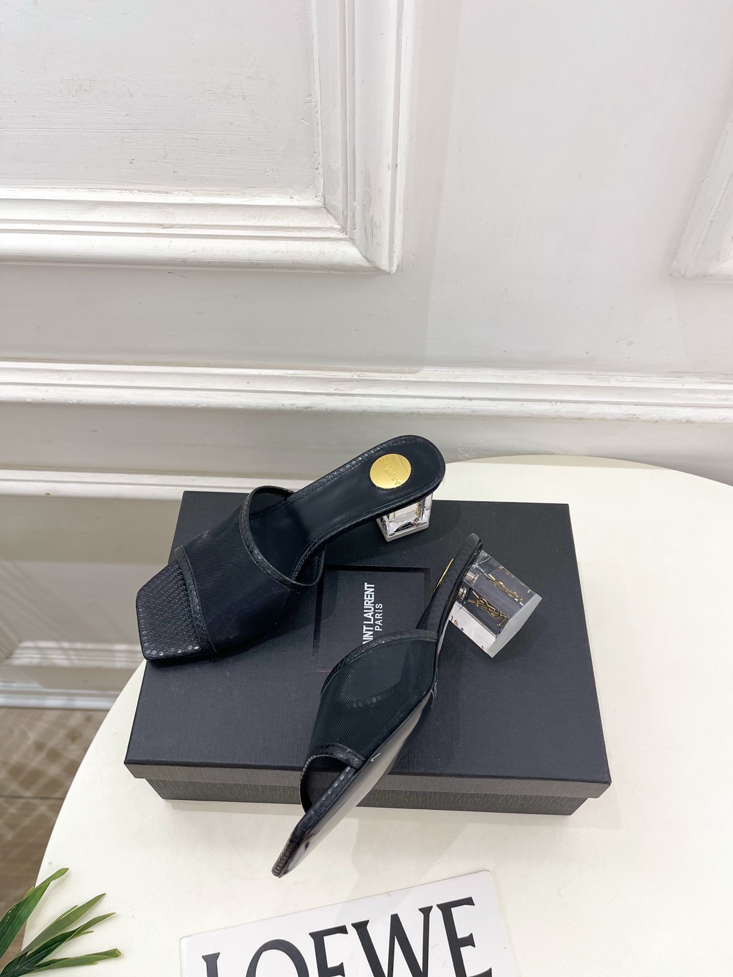 SAIN*LAURENT  圣罗兰 26𝐬𝐬2026春夏新品YSL透明跟网纱方头粗跟拖鞋 上新☑️———