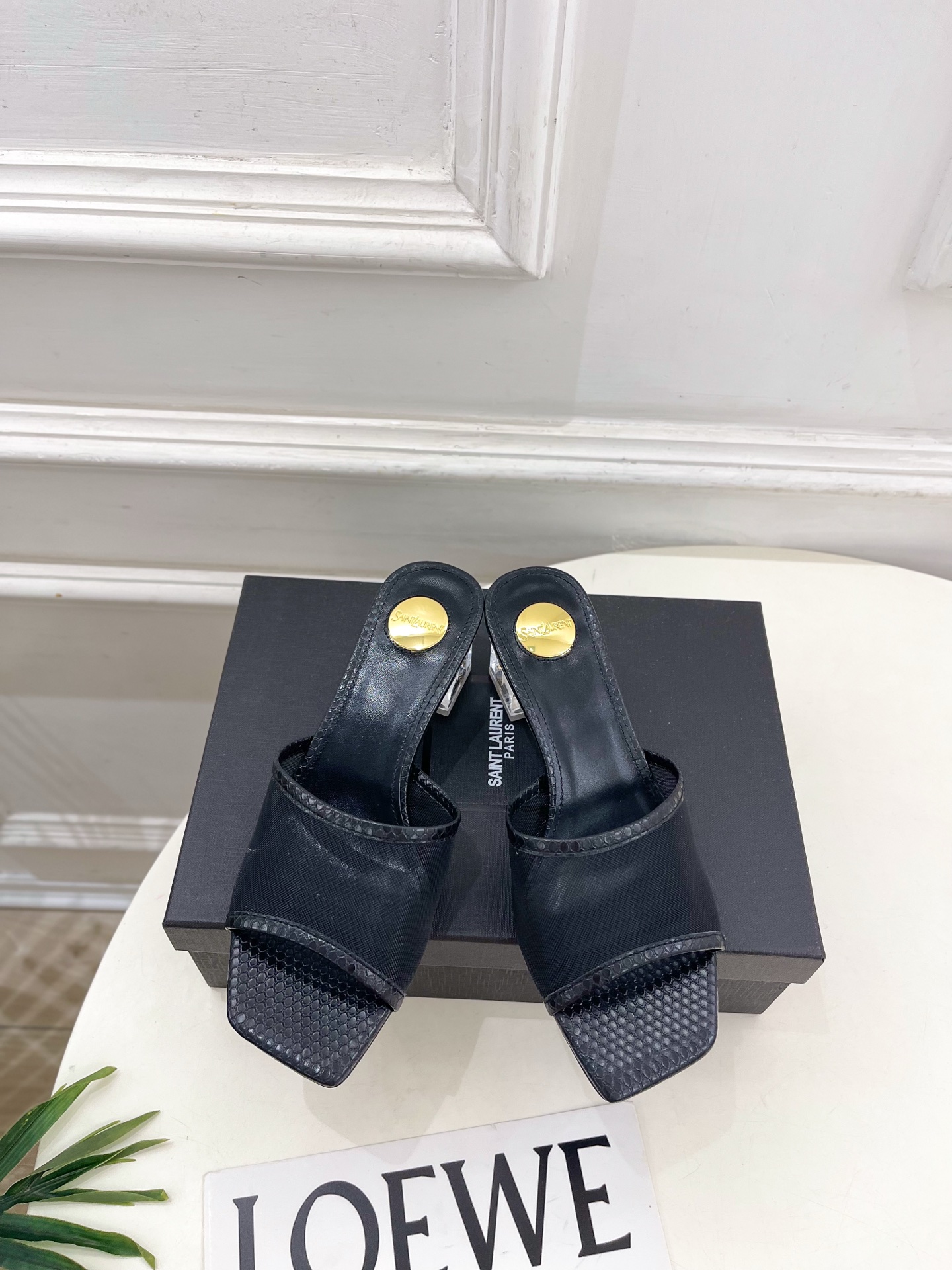 SAIN*LAURENT  圣罗兰 26𝐬𝐬2026春夏新品YSL透明跟网纱方头粗跟拖鞋 上新☑️———