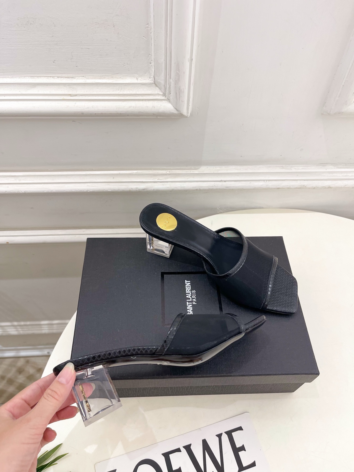 SAIN*LAURENT  圣罗兰 26𝐬𝐬2026春夏新品YSL透明跟网纱方头粗跟拖鞋 上新☑️———