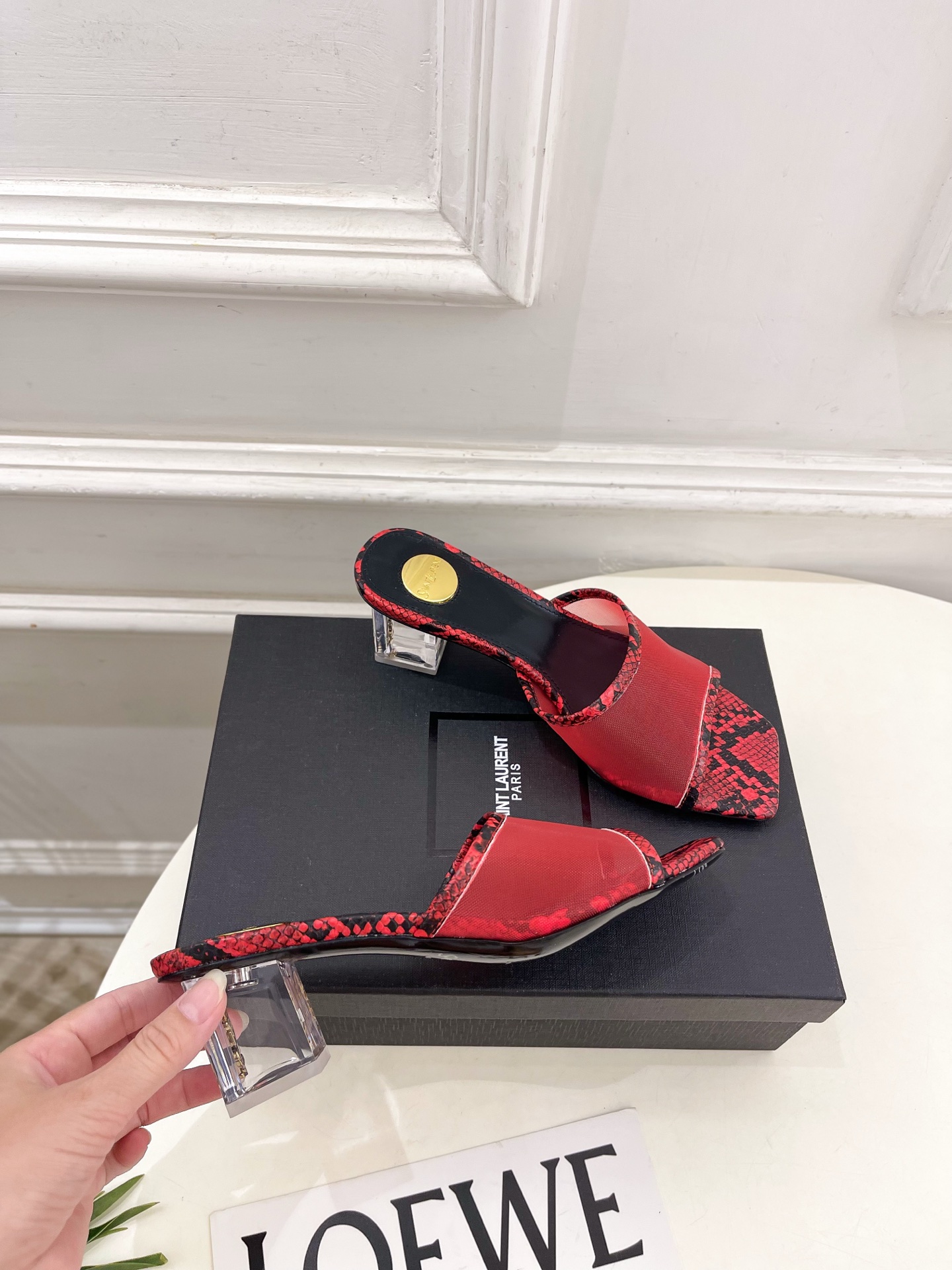 SAIN*LAURENT  圣罗兰 26𝐬𝐬2026春夏新品YSL透明跟网纱方头粗跟拖鞋 上新☑️———