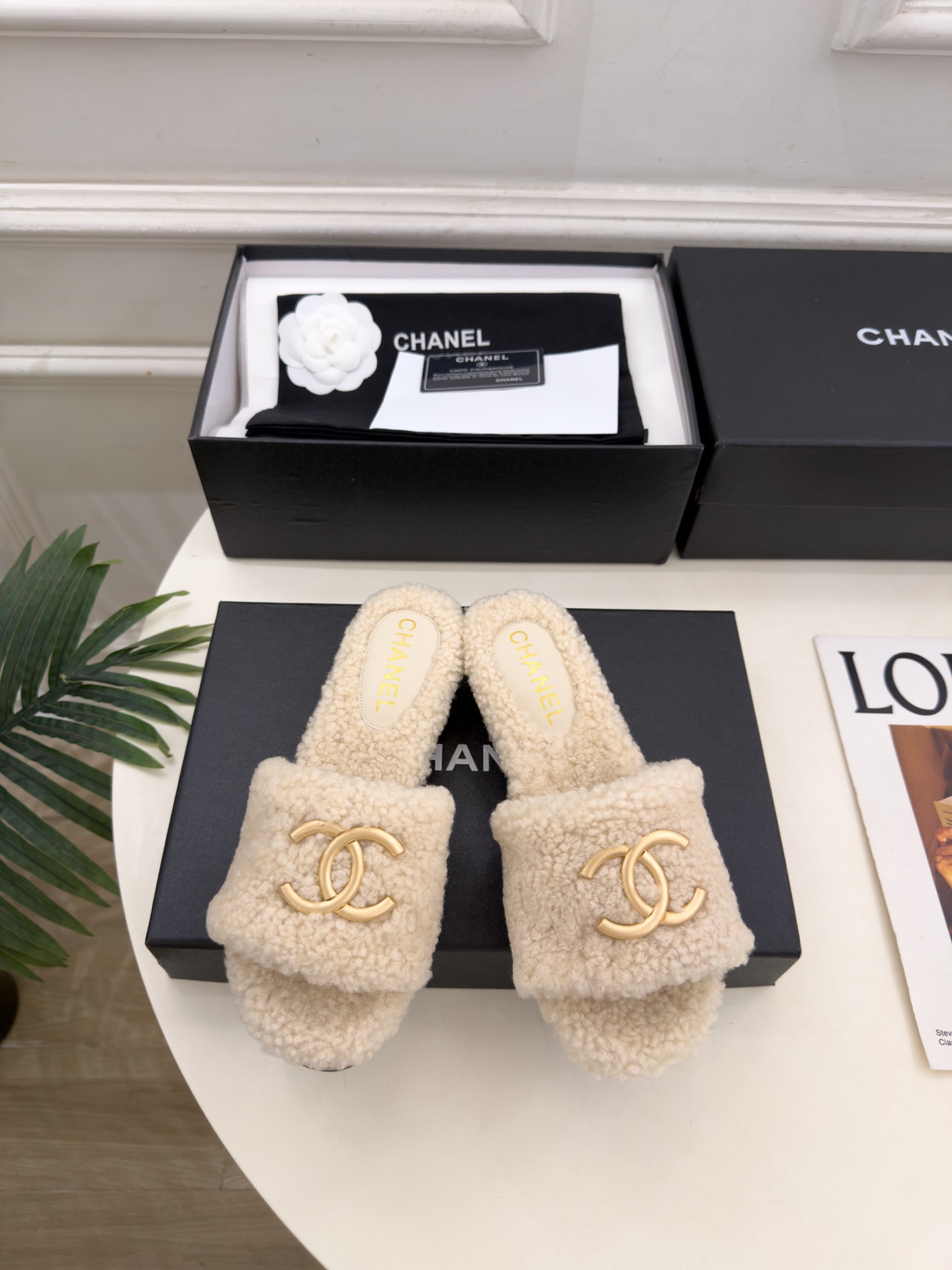 Beige Fuzzy Slide Sandals