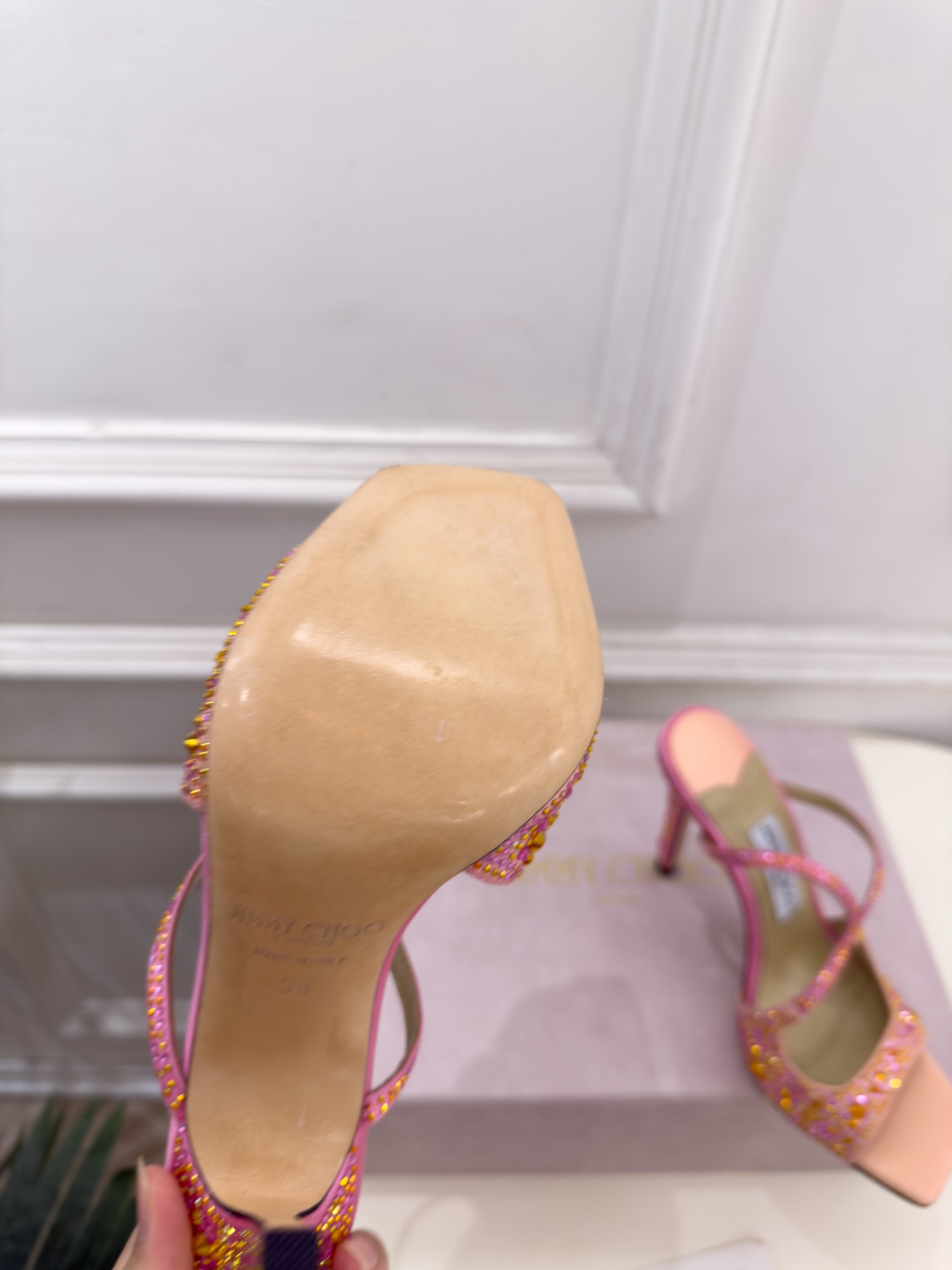 JimmyChoo 吉米周 26𝐬𝐬 ———      ✨ 2026新品 专柜最新JC水钻渐变色鱼嘴高跟拖鞋  BS名媛