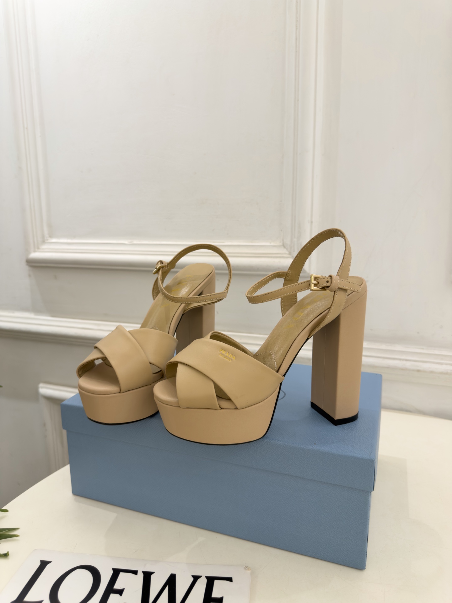 Prada Beige Platform Ankle Strap Sandals