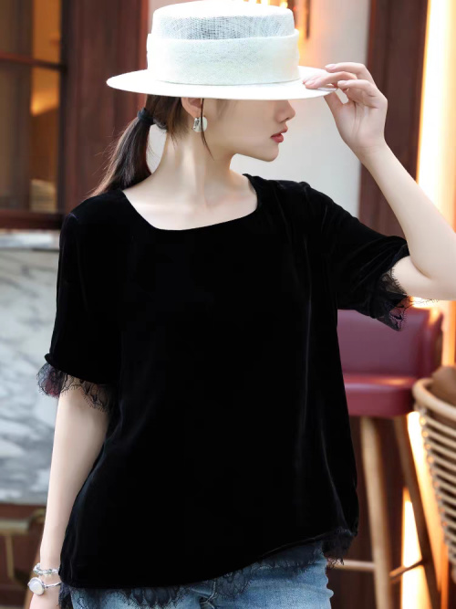 Elegant Black Velvet T-Shirt with Lace Trim, Short Sleeve, Summer Top 1 Elegant Black Velvet T-Shirt with Lace Trim, Short Sleeve, Summer Top