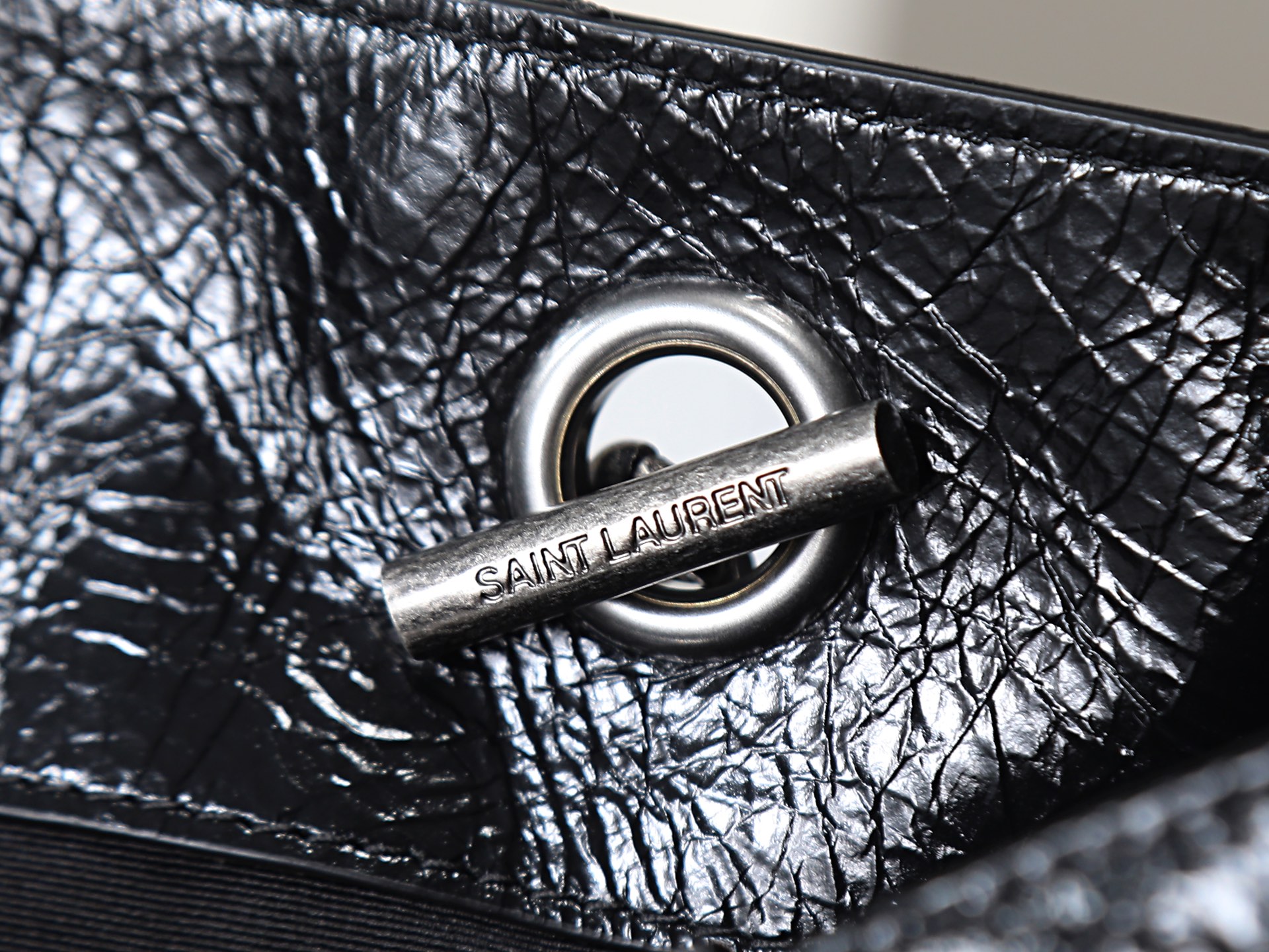 Saint Laurent Niki Black crinkled patent shoulder everyday