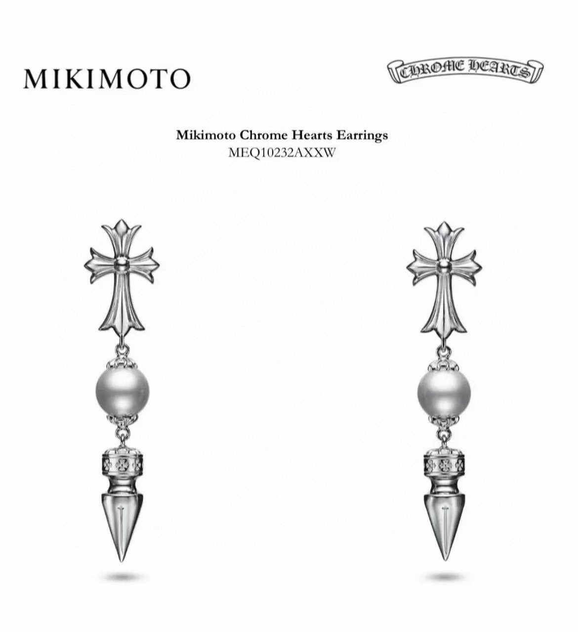 NO:111348,Croxin×Mikimoto Mikimoto Cross Pearl Bullet Earrings Cleverly combines feminine white pearls with Chrome Hearts iconic cross elements, rock and softness, wildness and gentleness, and avant-garde personality., jewelry boutique, chrome hearts, chrome hearts, chrome hearts19860909克罗心×Mikimoto 御木本联名款十字架珍珠子弹耳坠 巧妙将女性气质的白色珍珠与 Chrome Hearts 标志性十字架元素相融合,摇滚与柔美,野性与温柔和解,个性前卫.,饰品精品,chrome hearts,chrome hearts,Jewelry