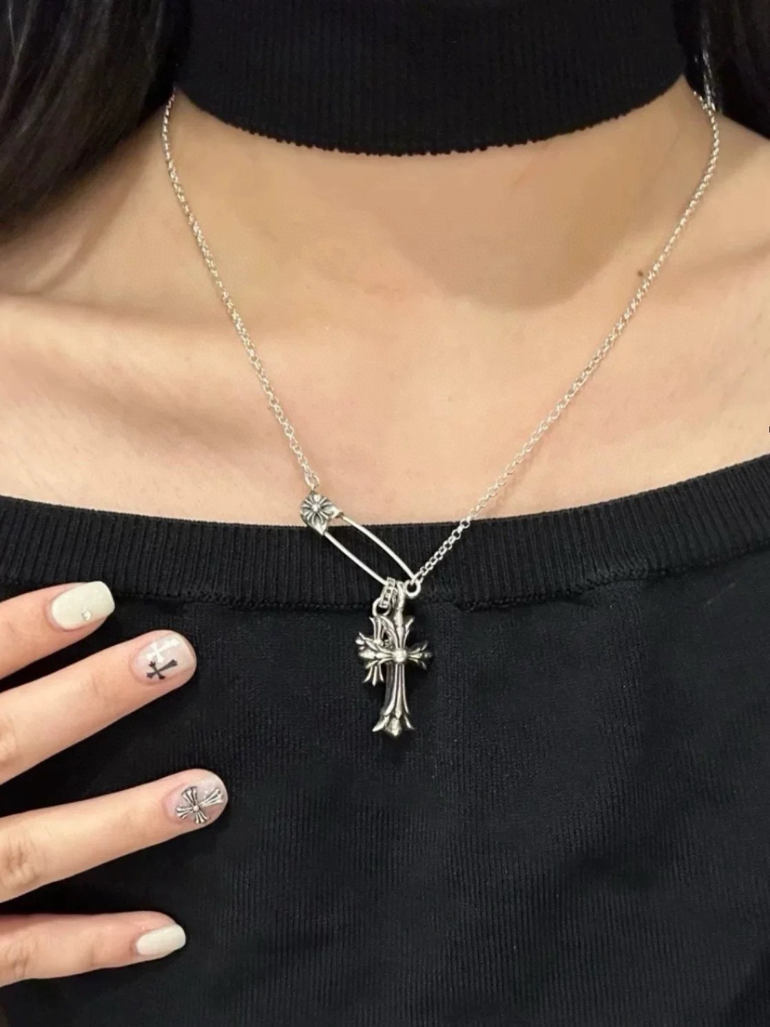 NO:113829,Croheart pin double cross necklace clavicle chain couple model size 45.55, jewelry boutique, chrome hearts, necklace19860909克罗心别针双十字架项链锁骨链情侣款 尺寸45.55,饰品精品,chrome hearts,necklace,Jewelry