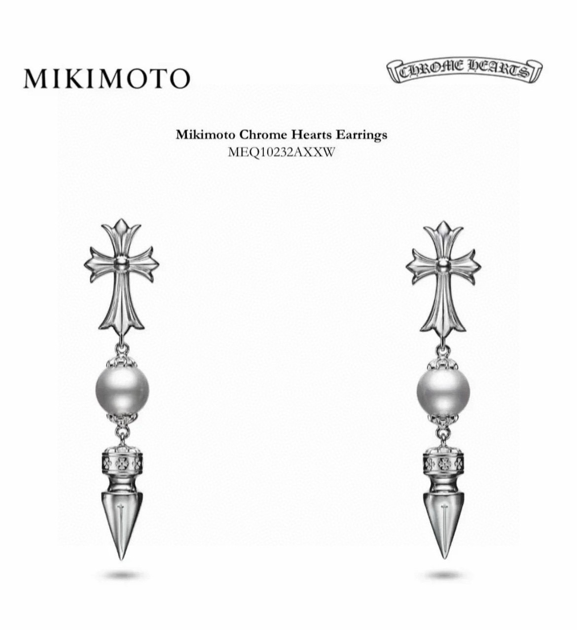 NO:113828,Croxin×Mikimoto Mikimoto Cross Pearl Bullet Earrings Cleverly combines feminine white pearls with Chrome Hearts iconic cross elements, rock and softness, wildness and gentleness, and avant-garde personality., jewelry boutique, chrome hearts, chrome hearts, chrome hearts19860909克罗心×Mikimoto 御木本联名款十字架珍珠子弹耳坠 巧妙将女性气质的白色珍珠与 Chrome Hearts 标志性十字架元素相融合,摇滚与柔美,野性与温柔和解,个性前卫.,饰品精品,chrome hearts,chrome hearts,Jewelry
