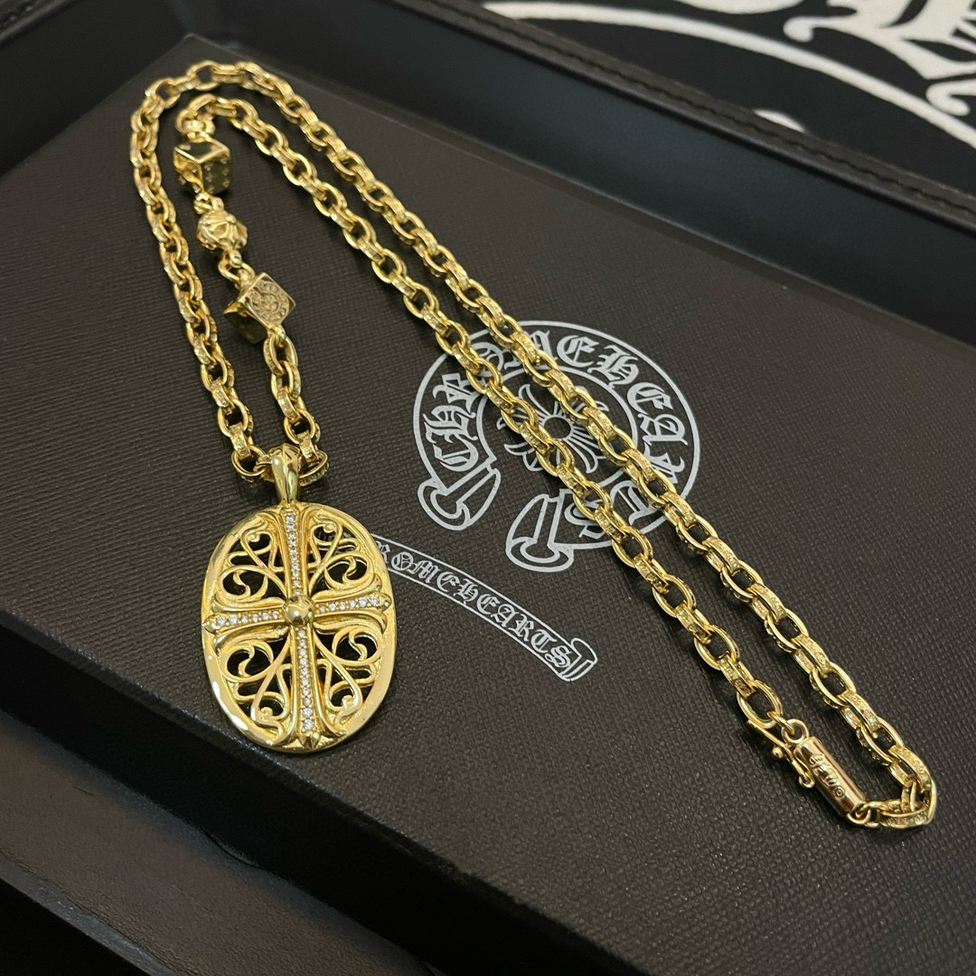   新款【专柜品质】Chrome Hearts克罗心 黄金色经典复古骰子项链 椭圆形藤花十字架吊坠 快手