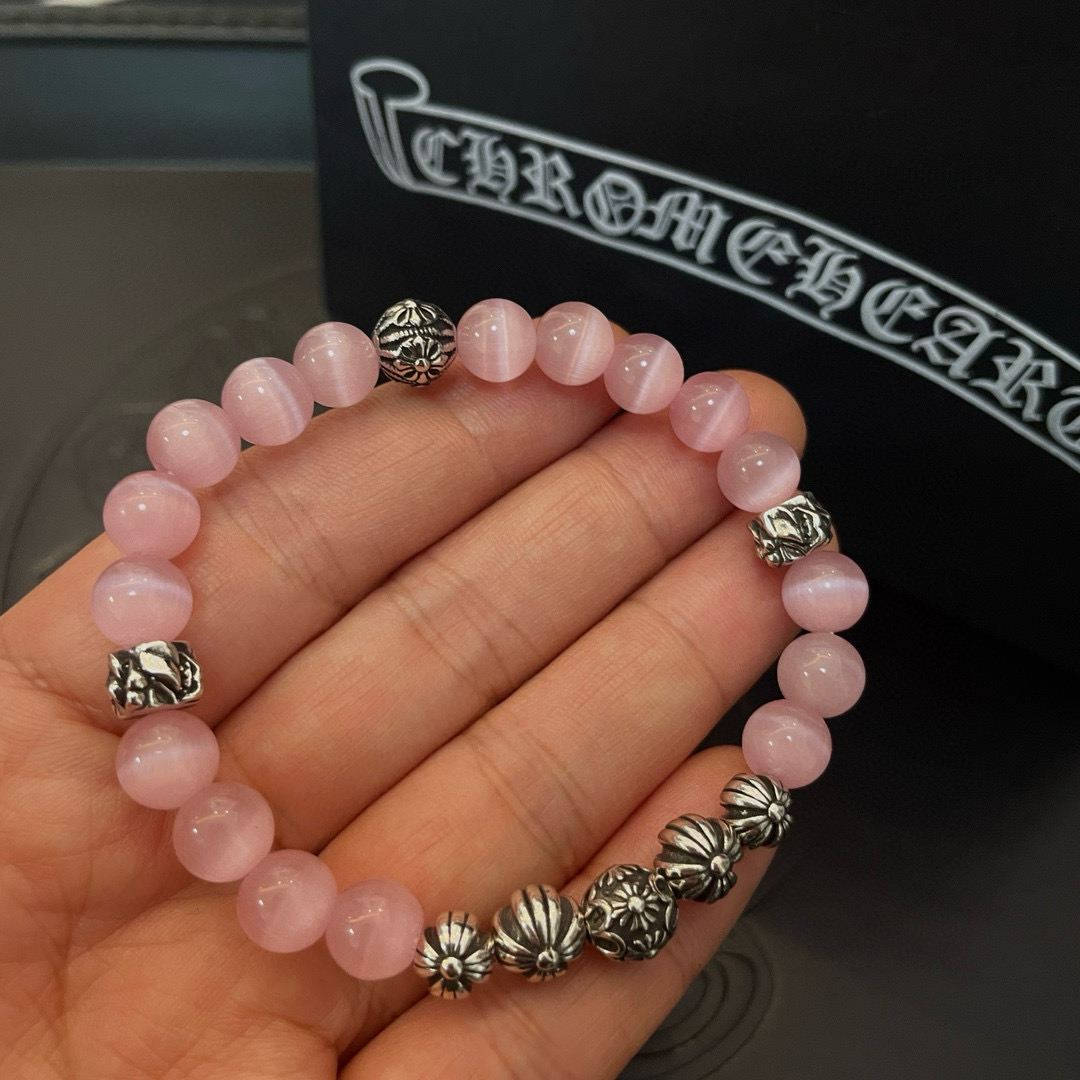 批 新款【专柜品质】Chrome Hearts克罗心 经典复古多元素粉色猫眼石手链手串，凹凸造型不同的花