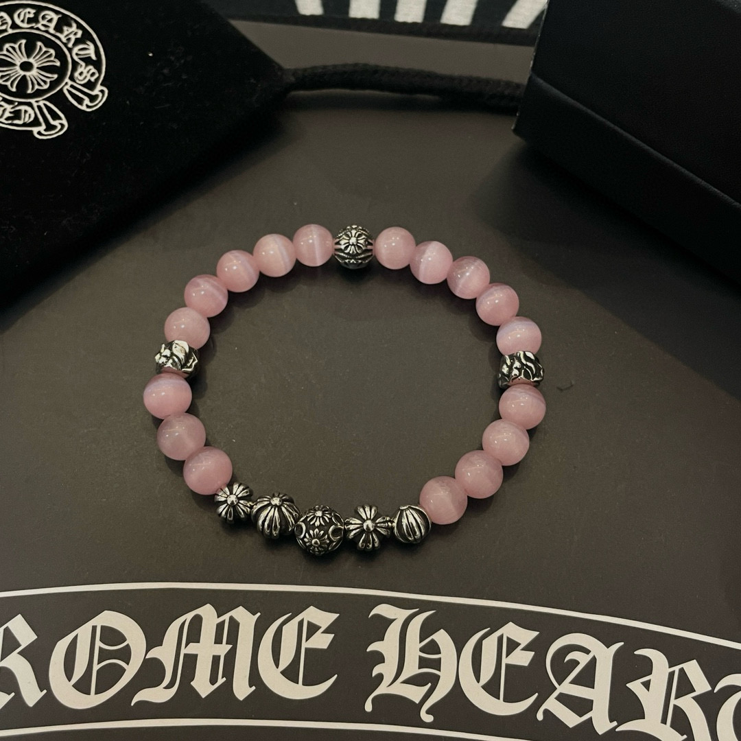 批 新款【专柜品质】Chrome Hearts克罗心 经典复古多元素粉色猫眼石手链手串，凹凸造型不同的花